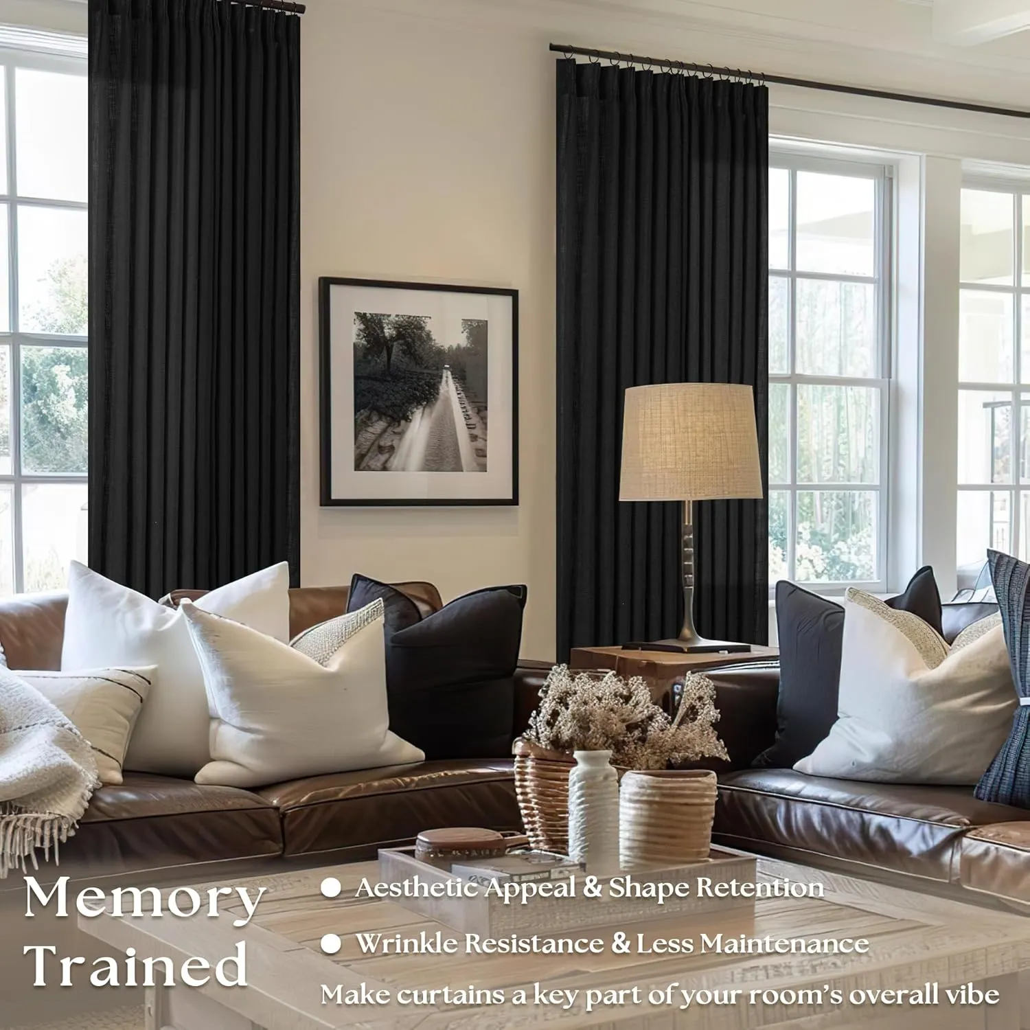 Pinch Pleated Black Linen Curtains 96 Inches Long for Living Room Bedroom Light Filtering Boho Window Drape 96 Inch 2 Panels with Hooks Rings 8ft Black Sliding Glass Door Semi Sheer Curtain
