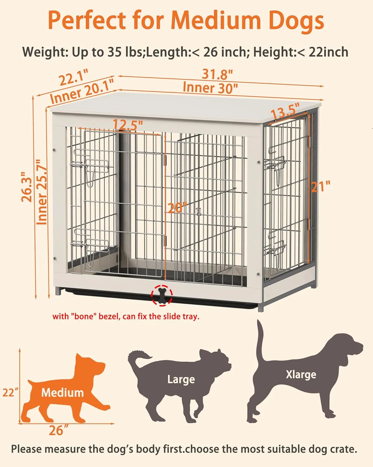 Piskyet Wooden Dog Crate Furniture with Divider Panel, Dog Crate End Table with Fixable Slide Tray, Double Doors Dog Kennel Indoor for Dogs(M:31.8" L*22.1" W*26.3" H,White)