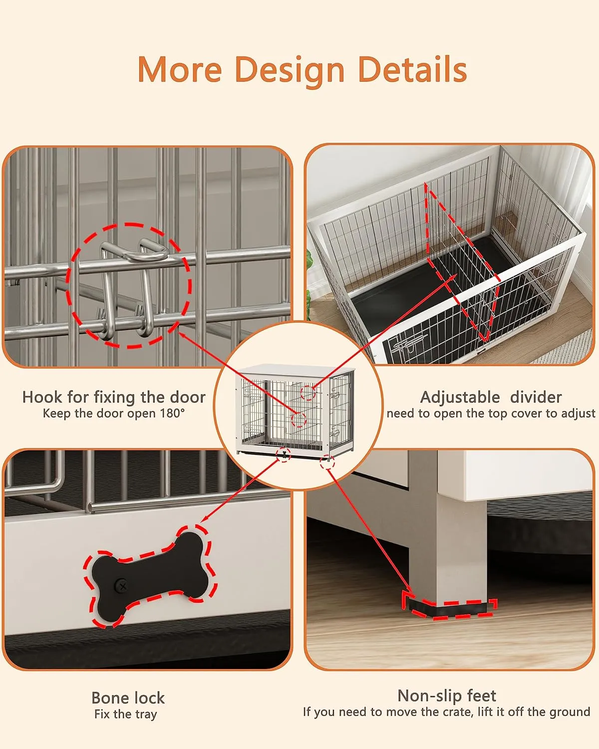 Piskyet Wooden Dog Crate Furniture with Divider Panel, Dog Crate End Table with Fixable Slide Tray, Double Doors Dog Kennel Indoor for Dogs(M:31.8" L*22.1" W*26.3" H,White)