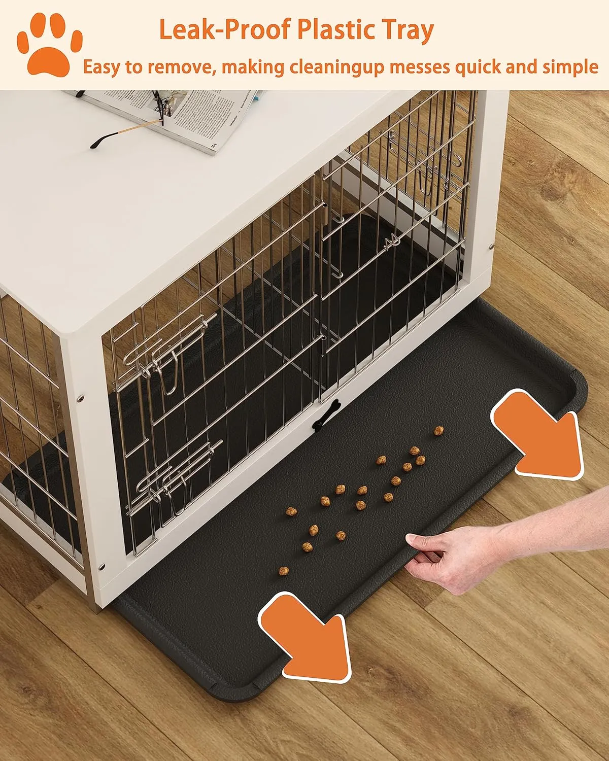 Piskyet Wooden Dog Crate Furniture with Divider Panel, Dog Crate End Table with Fixable Slide Tray, Double Doors Dog Kennel Indoor for Dogs(M:31.8" L*22.1" W*26.3" H,White)