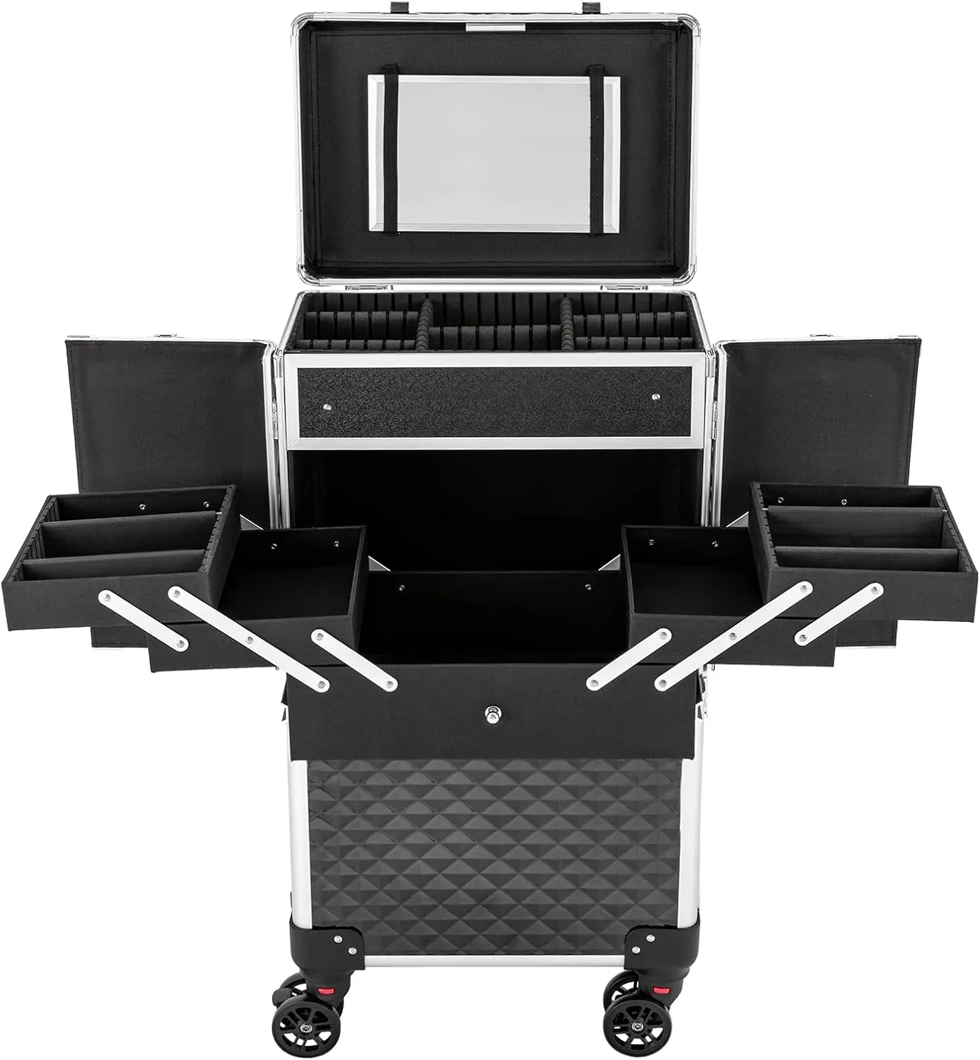 Professional Rolling Makeup Travel Case with Mirror & Pull-Out Storage Box & Side Drawer, Portable Multifunctional Storage Cosmetic Trolley with Wheels for Cosmetologist Nail Tech Hairstylist