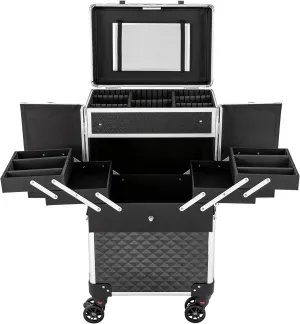 Professional Rolling Makeup Travel Case with Mirror & Pull-Out Storage Box & Side Drawer, Portable Multifunctional Storage Cosmetic Trolley with Wheels for Cosmetologist Nail Tech Hairstylist