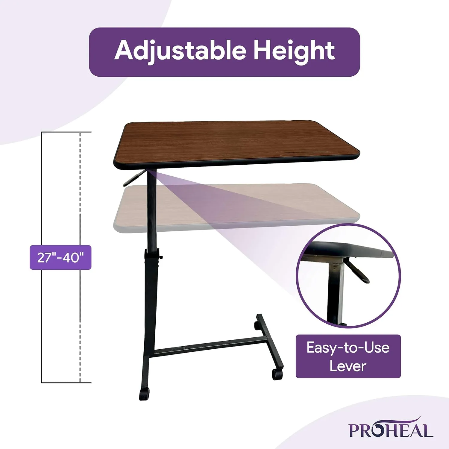 ProHeal Medical Overbed Table with Wheels and Adjustable Height - Oak Color Rolling Over Bed Table for Home and Hospital Use