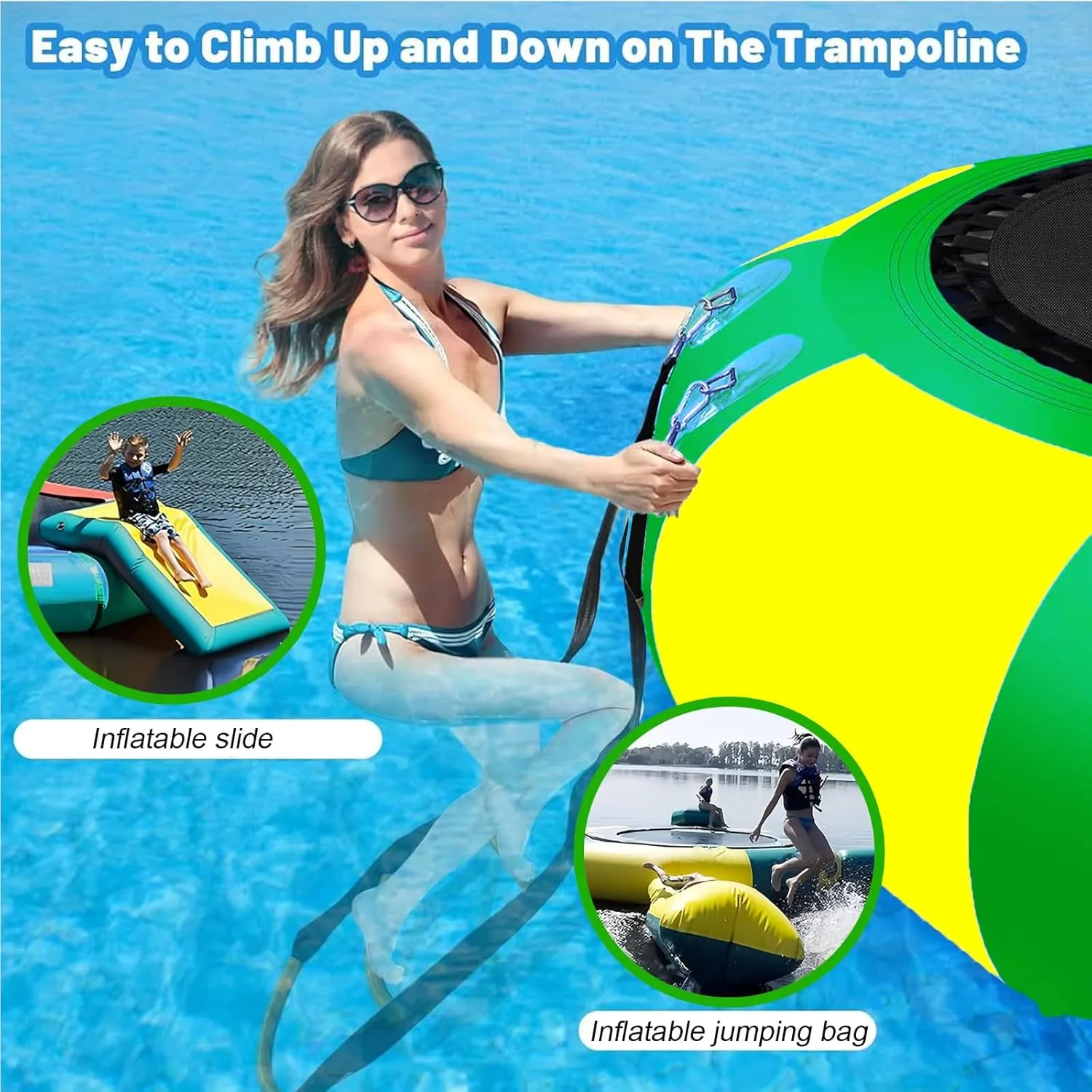 PVC Inflatable Water Trampoline Lake,and Lounging on Our 10ft/13ft/16ft Water Trampoline,Inflatable Bounce Swimming Jumper Platform with Slide/Tube and Diving Pillow Bag