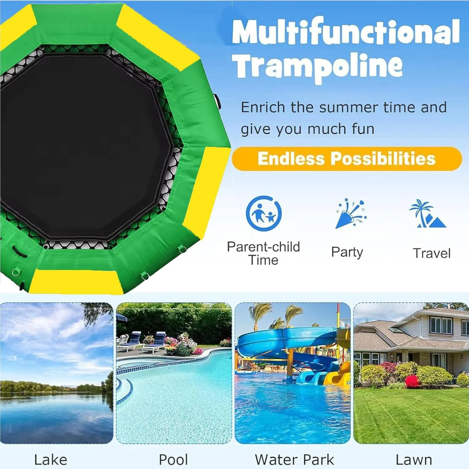 PVC Inflatable Water Trampoline Lake,and Lounging on Our 10ft/13ft/16ft Water Trampoline,Inflatable Bounce Swimming Jumper Platform with Slide/Tube and Diving Pillow Bag