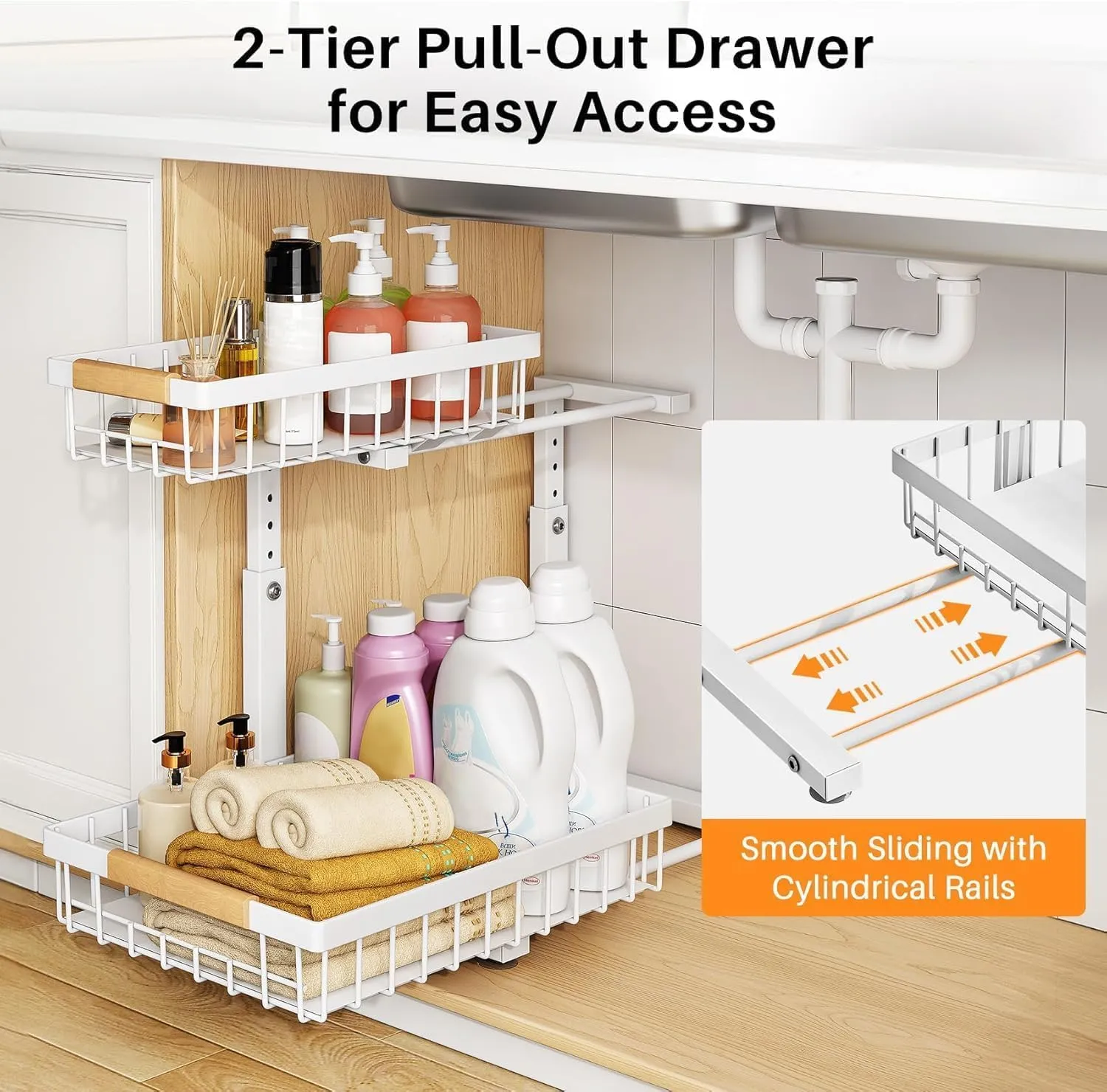 PXRACK 2 Pack Under Sink Organizer,Adjustable Height,2 Tier Pull Out Under Cabinet Organizer,Slide Out Thickened Metal Under Sink Storage for Kitchen Bathroom Laundry Cabinet Pantry,White(S)