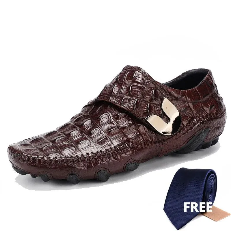 QFFAZ Famous Luxury Driving Shoes Mens Shoes Genuine Leather Shoes Loafer Cow Leather Crocodile Pattern Hasp Casual Shoes