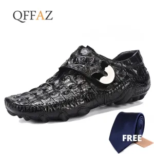 QFFAZ Famous Luxury Driving Shoes Mens Shoes Genuine Leather Shoes Loafer Cow Leather Crocodile Pattern Hasp Casual Shoes