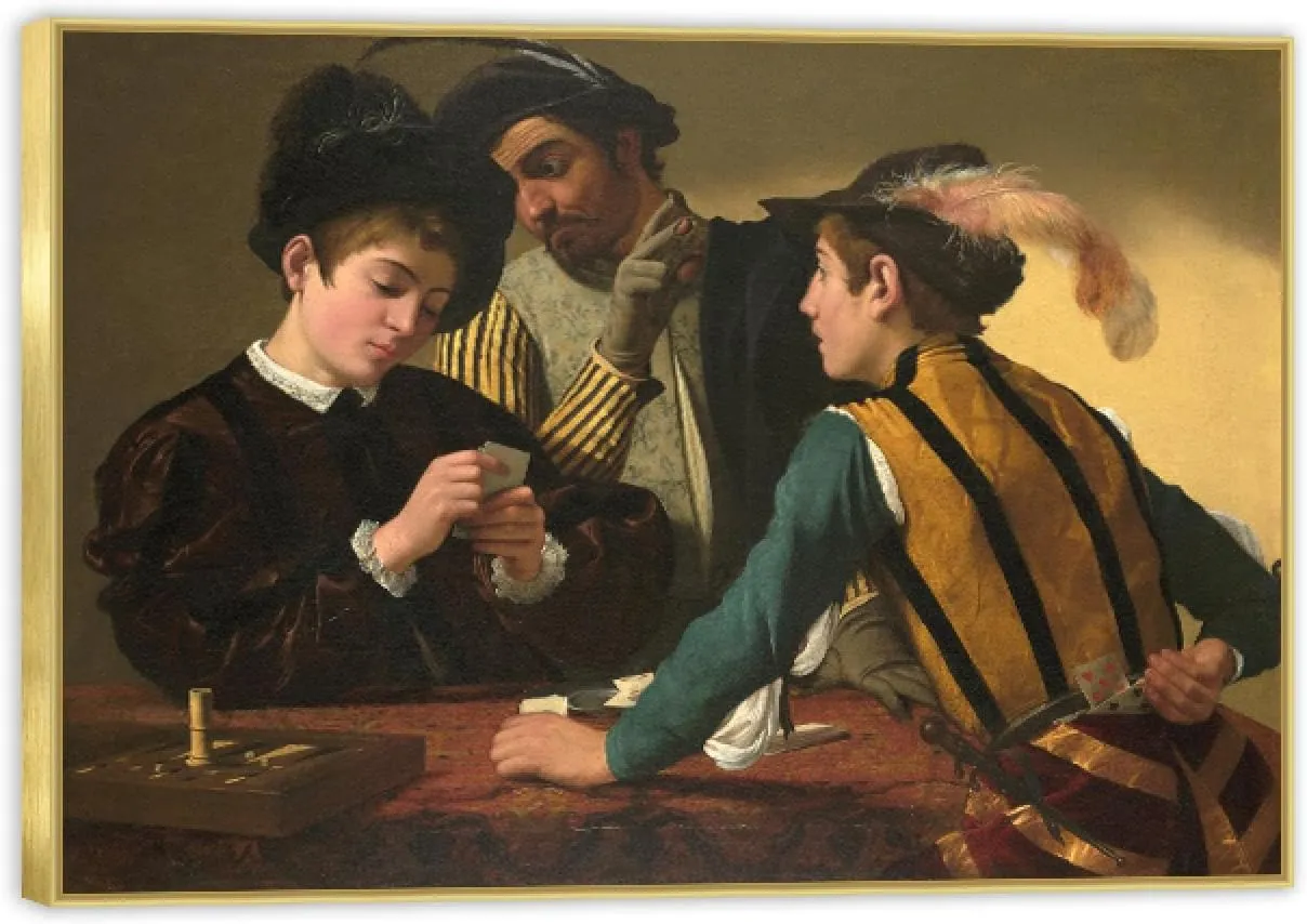 Religion Framed Wall Art Picture. Caravaggio “Cardsharps” Painting on Canvas. Famous Prints. Classical Painting for Living Room Decor 70x98cm(27.6x38.5in) goldframe