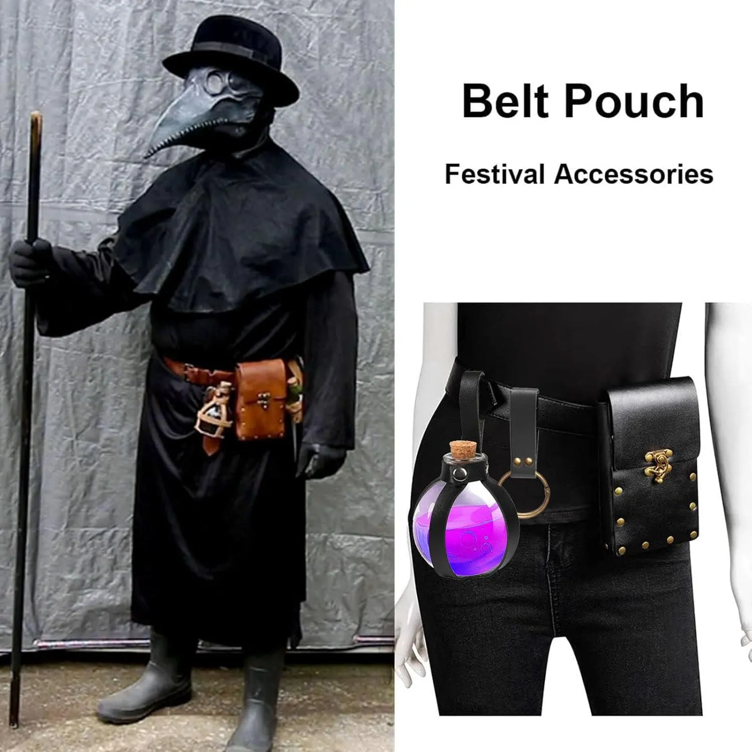 Ren Faire Costume Accessories Medieval Belt Pouch Coin Purse Skirt Hike Sets Festival Halloween Casual Fanny Pack Waist Bag (3-Black)