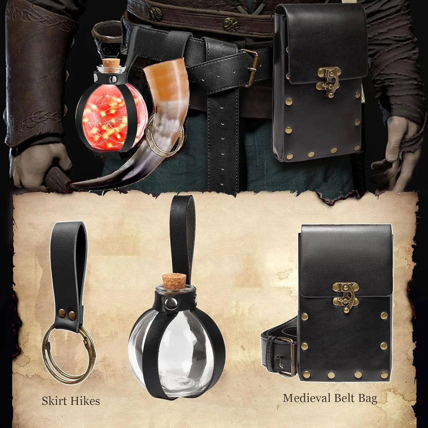 Ren Faire Costume Accessories Medieval Belt Pouch Coin Purse Skirt Hike Sets Festival Halloween Casual Fanny Pack Waist Bag (3-Black)