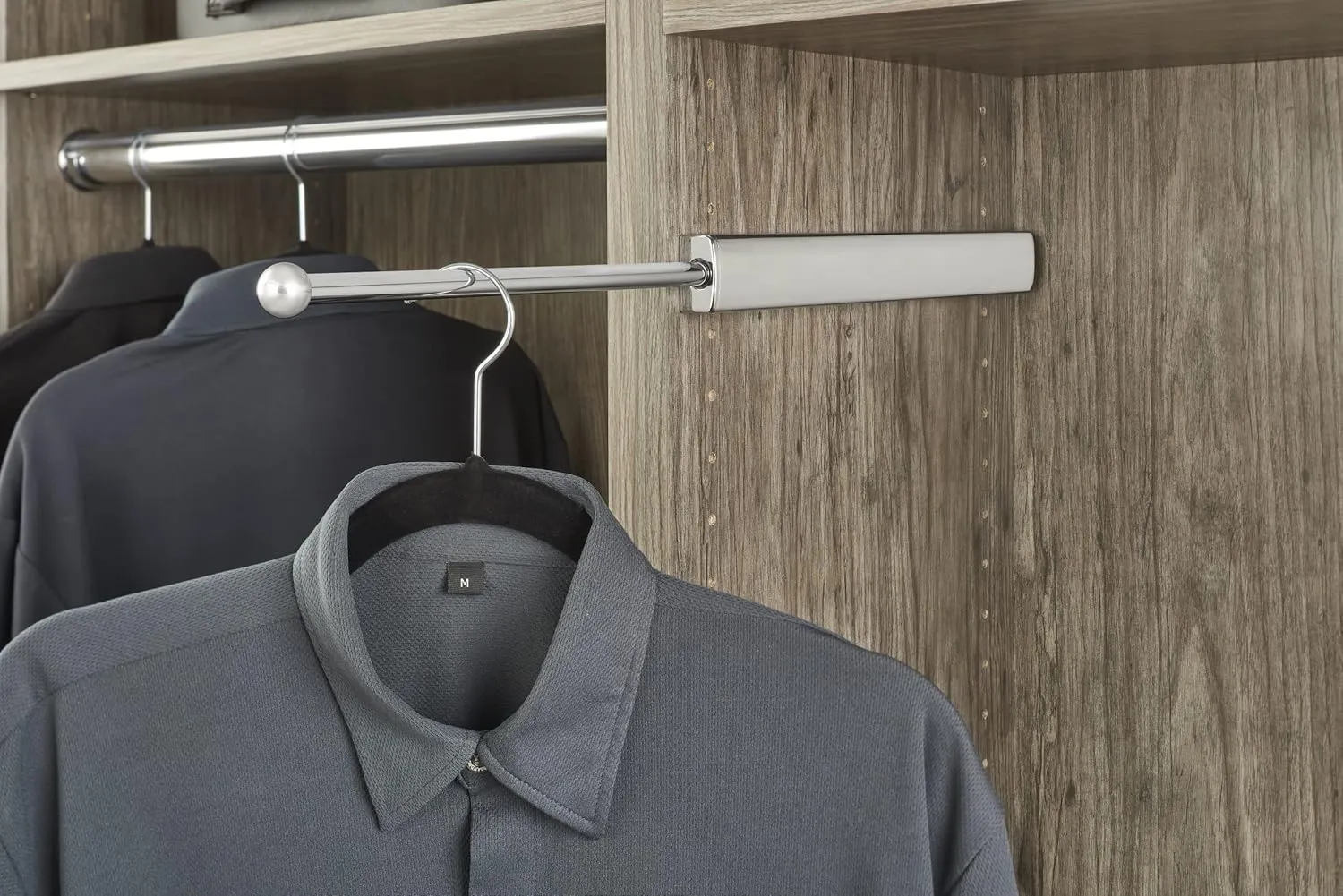 Rev-A-Shelf 14" Pull Out Valet Rod for Closet Organization, Extendable Sliding Clothes Storage Hanging Rack w/Mounting Hardware, Chrome, CVLSL-14-CR-1