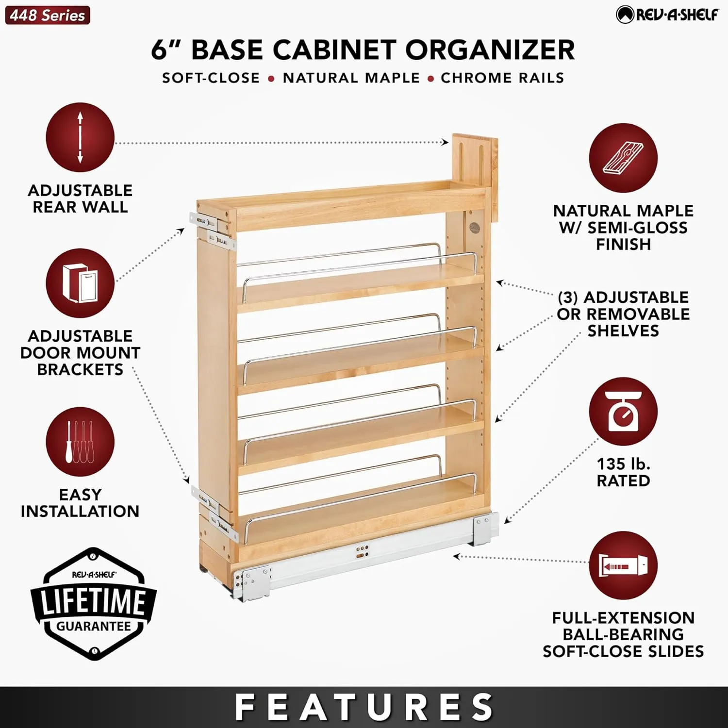 Rev-A-Shelf 5.5" Pullout Storage Organizer for Base Kitchen/Bathroom Cabinets with Soft-Close Full Extension Slides & Adjustable Shelves, 448-BCSC-5C