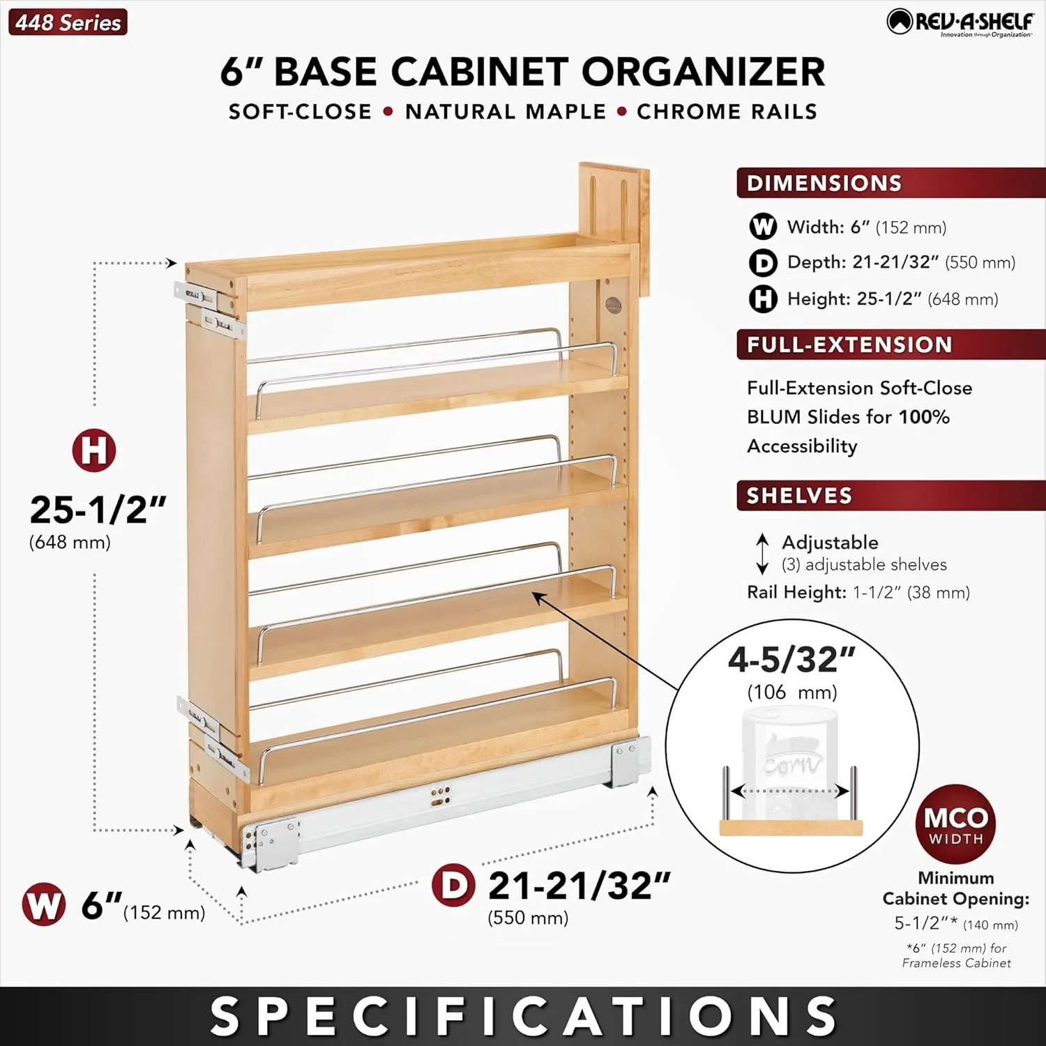 Rev-A-Shelf 5.5" Pullout Storage Organizer for Base Kitchen/Bathroom Cabinets with Soft-Close Full Extension Slides & Adjustable Shelves, 448-BCSC-5C