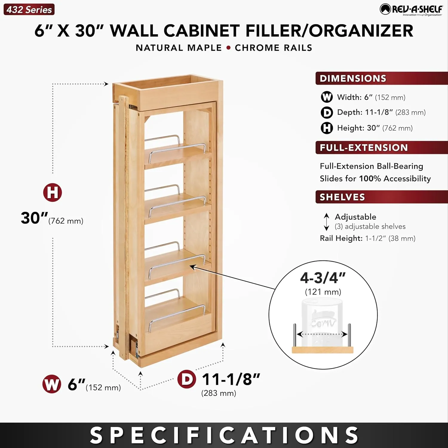 Rev-A-Shelf 6"W x 30"H Pull Out Shelf Organizer for Between Wall Kitchen Cabinets, Filler Spice Rack & Seasoning Storage Holder, Maple Wood, 432-WF-6C