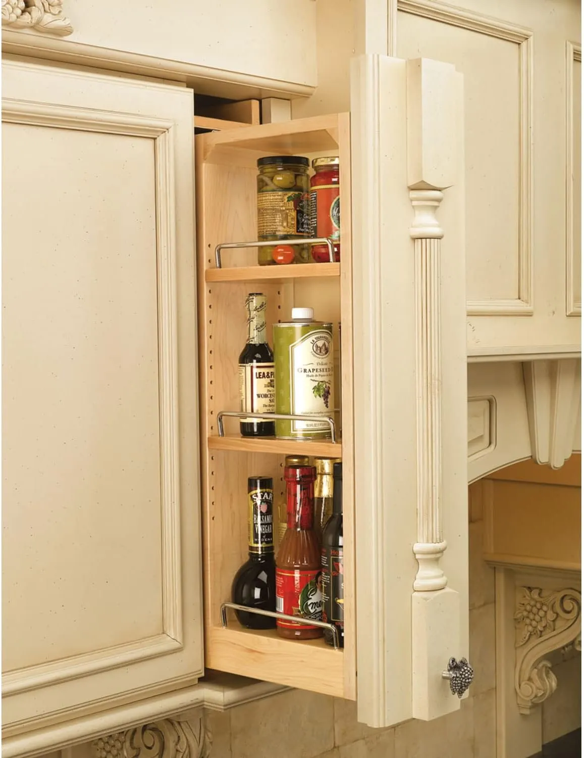 Rev-A-Shelf 6"W x 30"H Pull Out Shelf Organizer for Between Wall Kitchen Cabinets, Filler Spice Rack & Seasoning Storage Holder, Maple Wood, 432-WF-6C