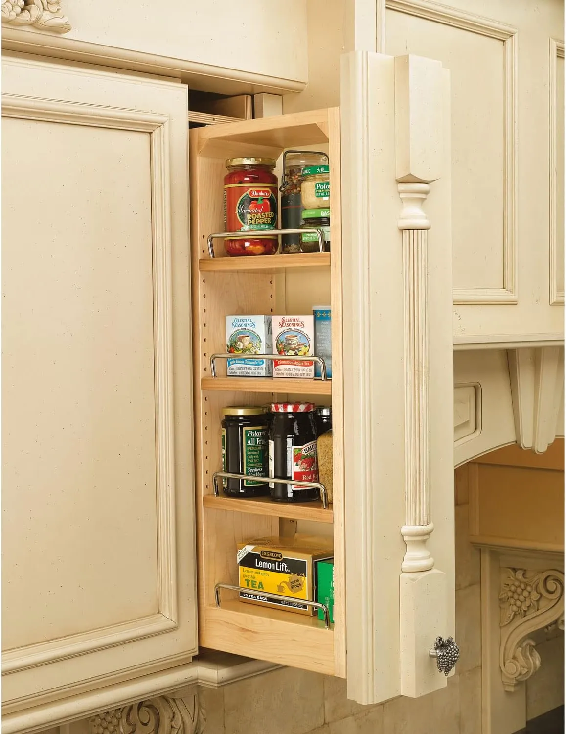 Rev-A-Shelf 6"W x 30"H Pull Out Shelf Organizer for Between Wall Kitchen Cabinets, Filler Spice Rack & Seasoning Storage Holder, Maple Wood, 432-WF-6C