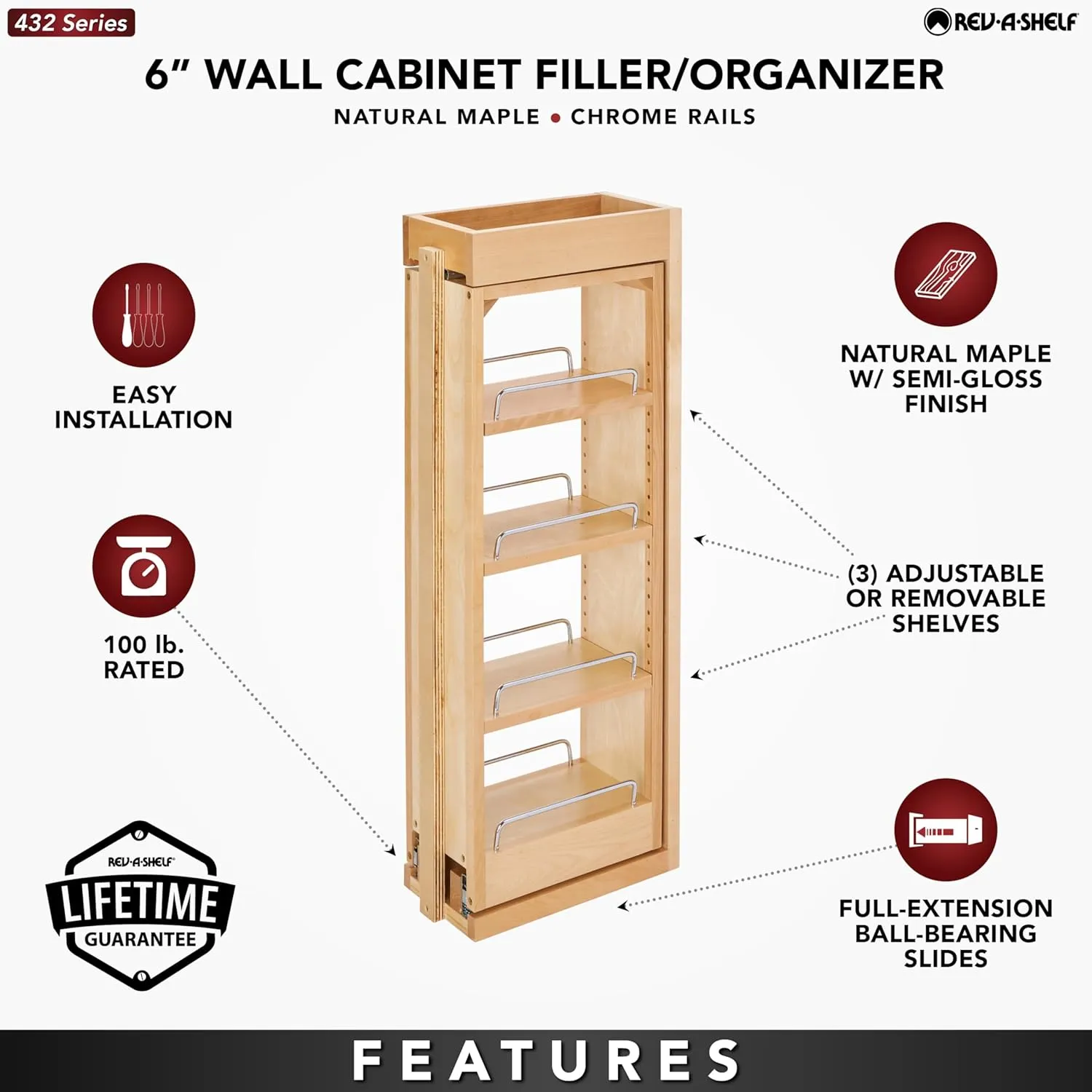 Rev-A-Shelf 6"W x 30"H Pull Out Shelf Organizer for Between Wall Kitchen Cabinets, Filler Spice Rack & Seasoning Storage Holder, Maple Wood, 432-WF-6C