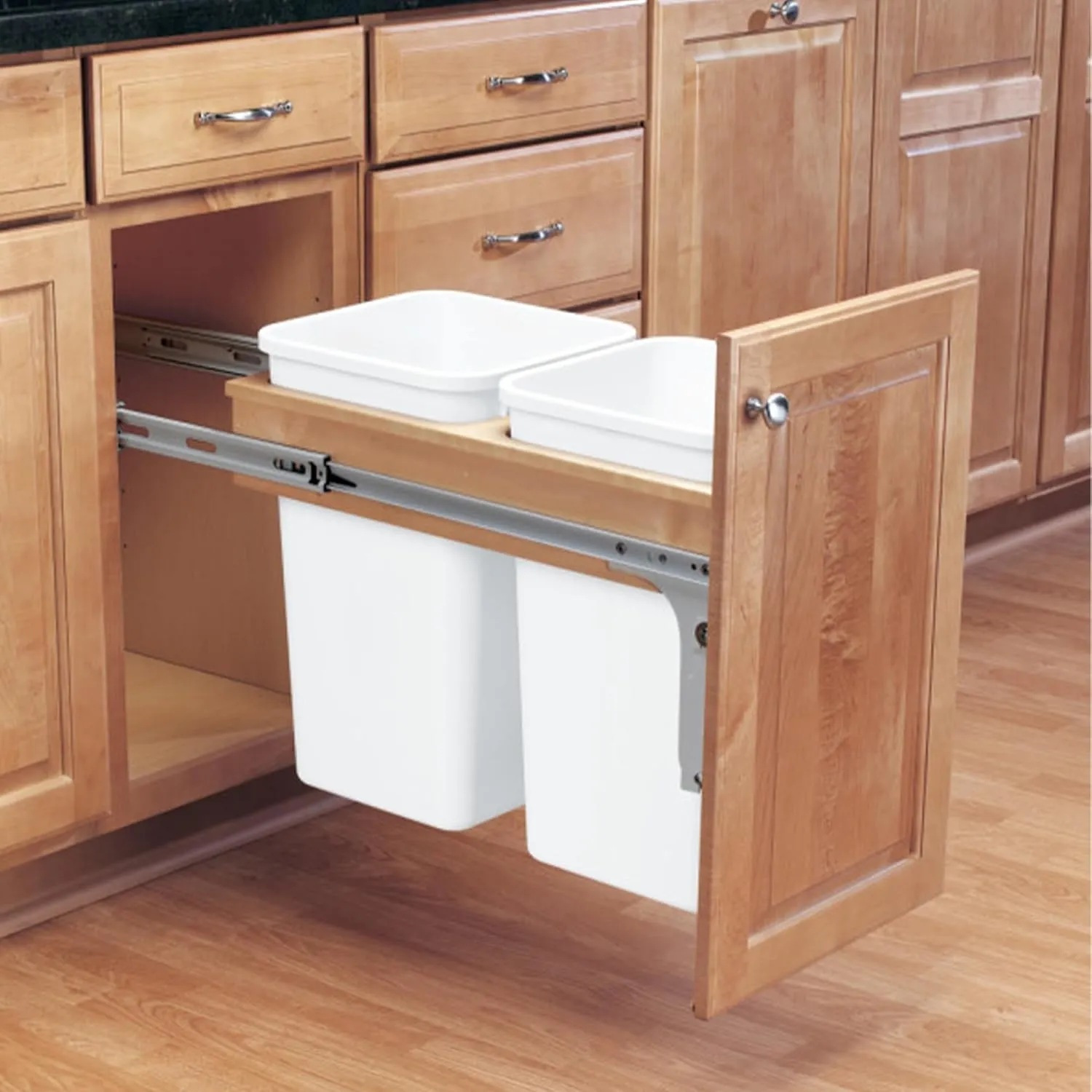 Rev-A-Shelf Double Pullout Trash Can for Under Kitchen Cabinets 27 Quart 8.75 Gallon, Top Mount 11.75 Inch Wide, White, 4WCTM-15DM2-162