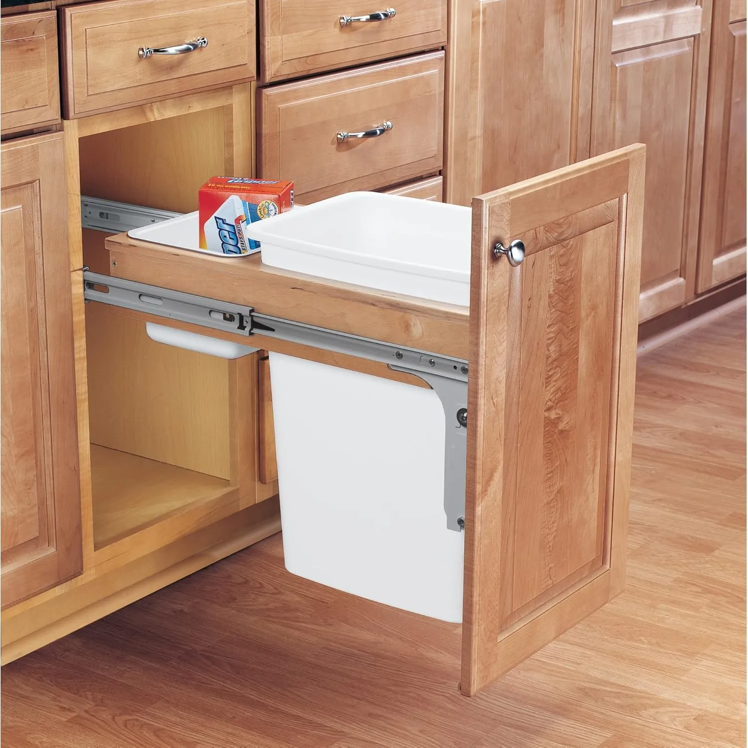 Rev-A-Shelf Single Pullout Trash Can for Base Kitchen/Bathroom Cabinets, 35 Qt Wood Top Mount Garbage Bin, 12" x 1.5" Face-Frame, White, 4WCTM-12DM1