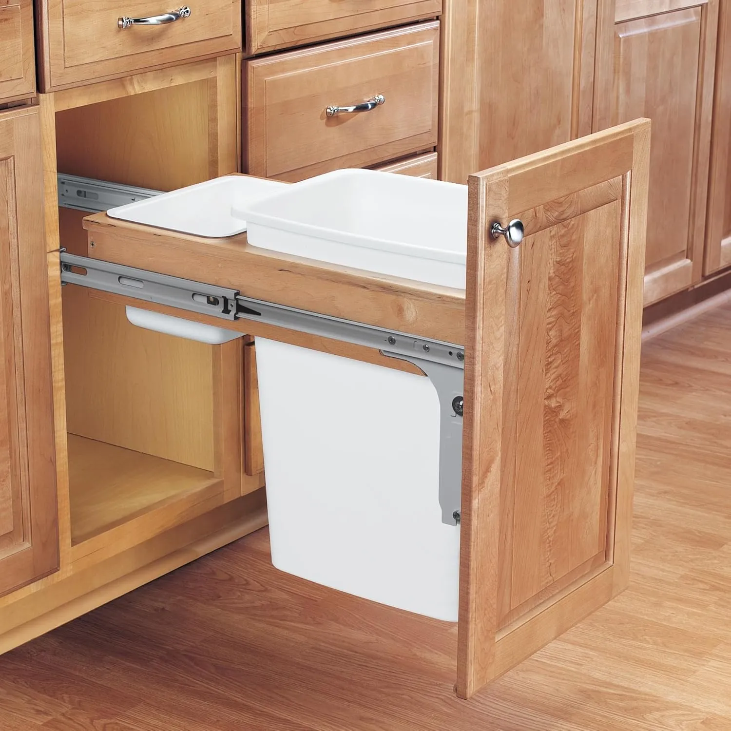 Rev-A-Shelf Single Pullout Trash Can for Base Kitchen/Bathroom Cabinets, 35 Qt Wood Top Mount Garbage Bin, 12" x 1.5" Face-Frame, White, 4WCTM-12DM1