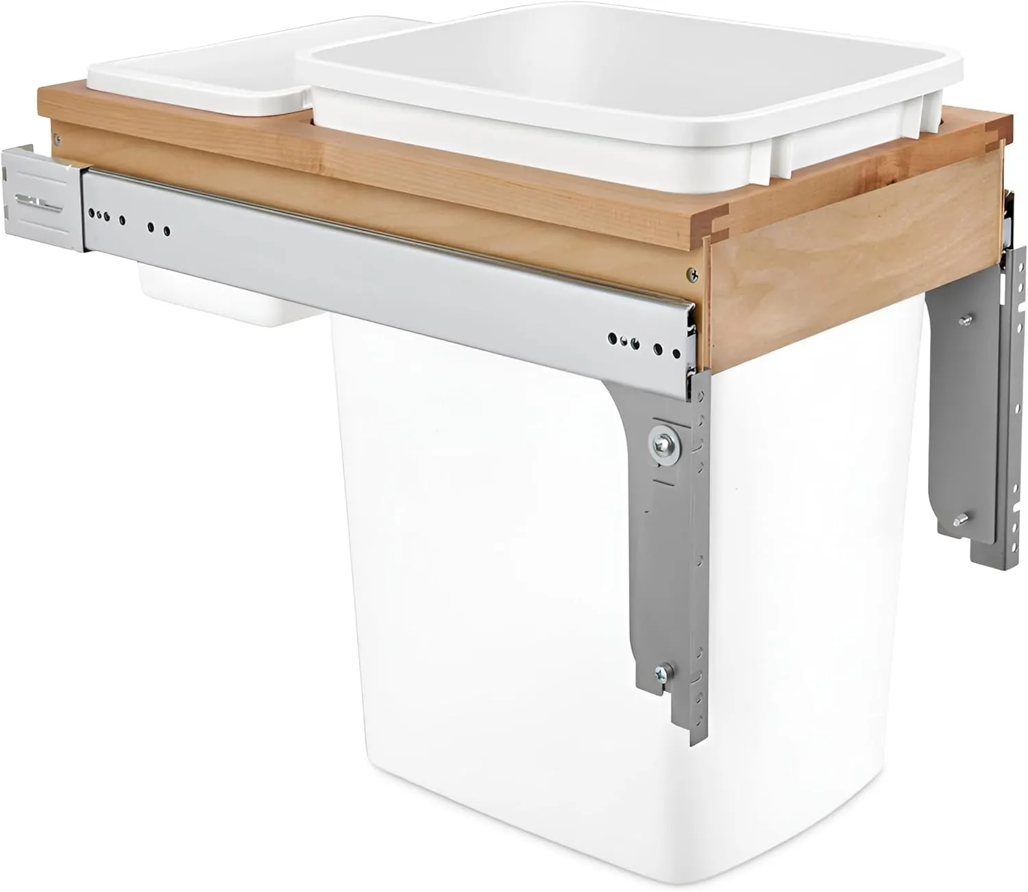 Rev-A-Shelf Single Pullout Trash Can for Base Kitchen/Bathroom Cabinets, 35 Qt Wood Top Mount Garbage Bin, 12" x 1.5" Face-Frame, White, 4WCTM-12DM1