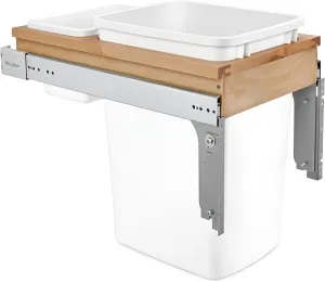 Rev-A-Shelf Single Pullout Trash Can for Base Kitchen/Bathroom Cabinets, 35 Qt Wood Top Mount Garbage Bin, 12" x 1.5" Face-Frame, White, 4WCTM-12DM1