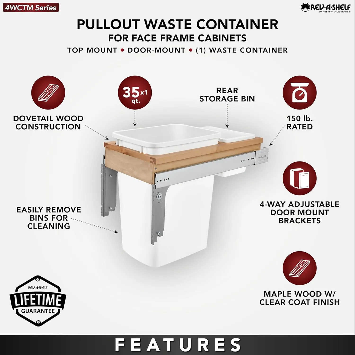 Rev-A-Shelf Single Pullout Trash Can for Base Kitchen/Bathroom Cabinets, 35 Qt Wood Top Mount Garbage Bin, 12" x 1.5" Face-Frame, White, 4WCTM-12DM1