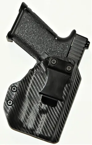 REVKEL Custom Kydex Molded IWB Holster for Glock 43 w/Red Crimson Trace Laserguard Laser (LG-443). Black Right Hand Draw. Hand Crafted in Texas, USA.