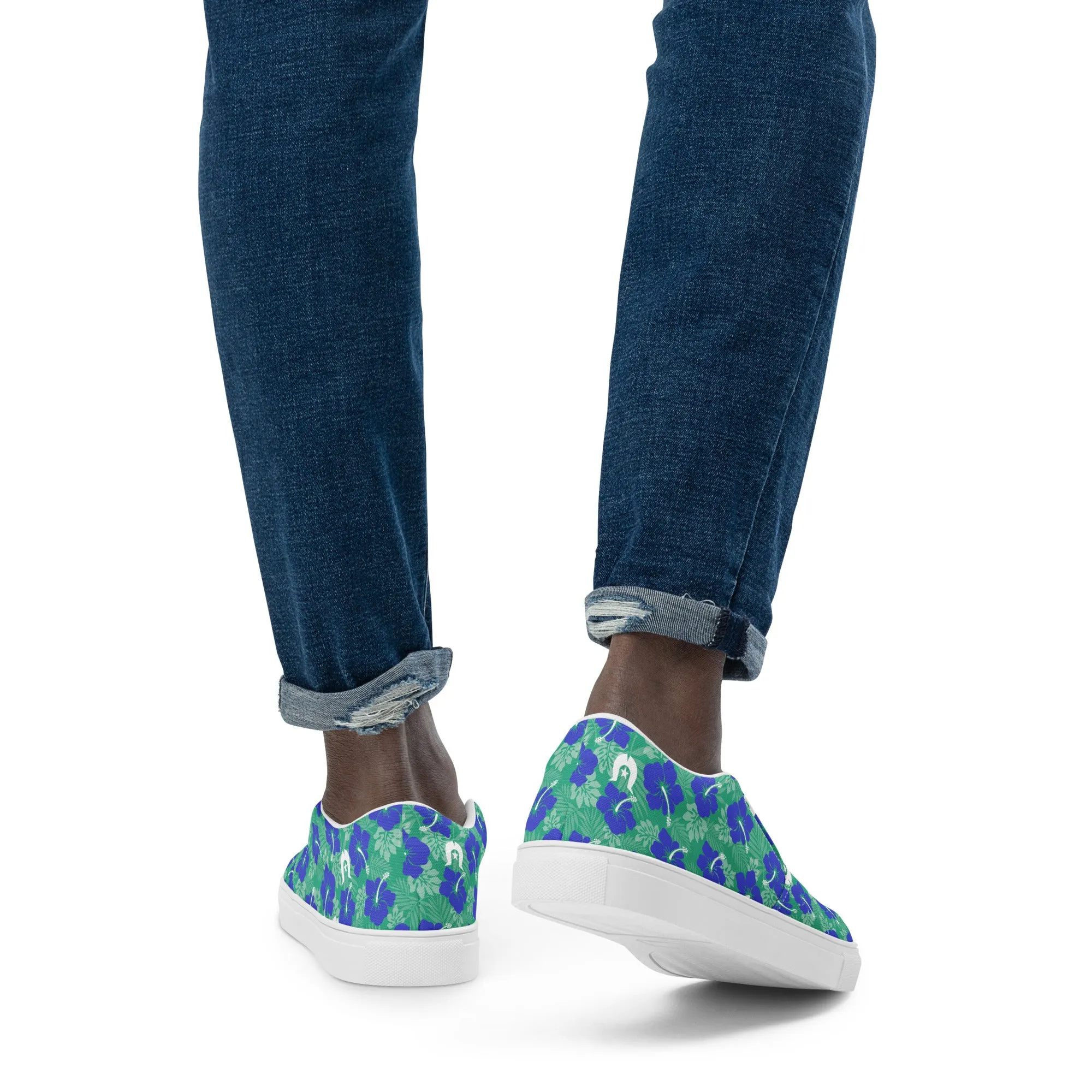 Royal Blue Hibiscus flowers with Dhari on Men’s slip-on canvas shoes