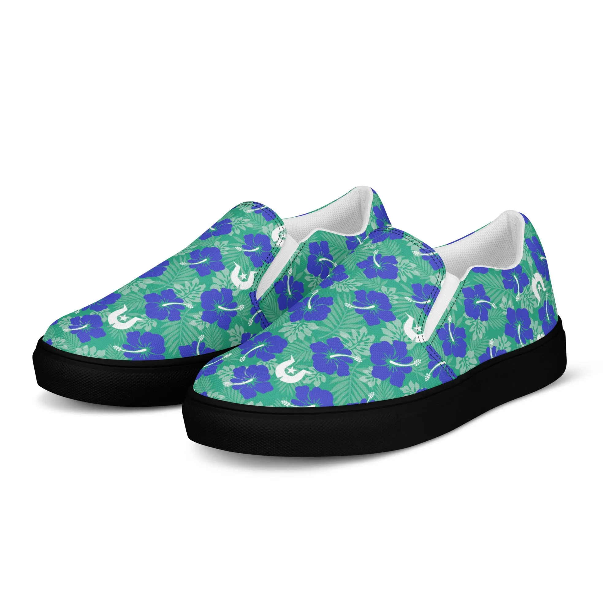 Royal Blue Hibiscus flowers with Dhari on Men’s slip-on canvas shoes