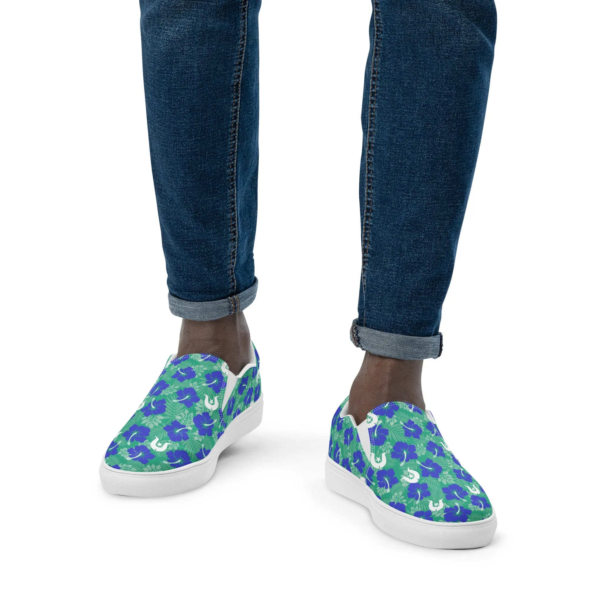 Royal Blue Hibiscus flowers with Dhari on Men’s slip-on canvas shoes