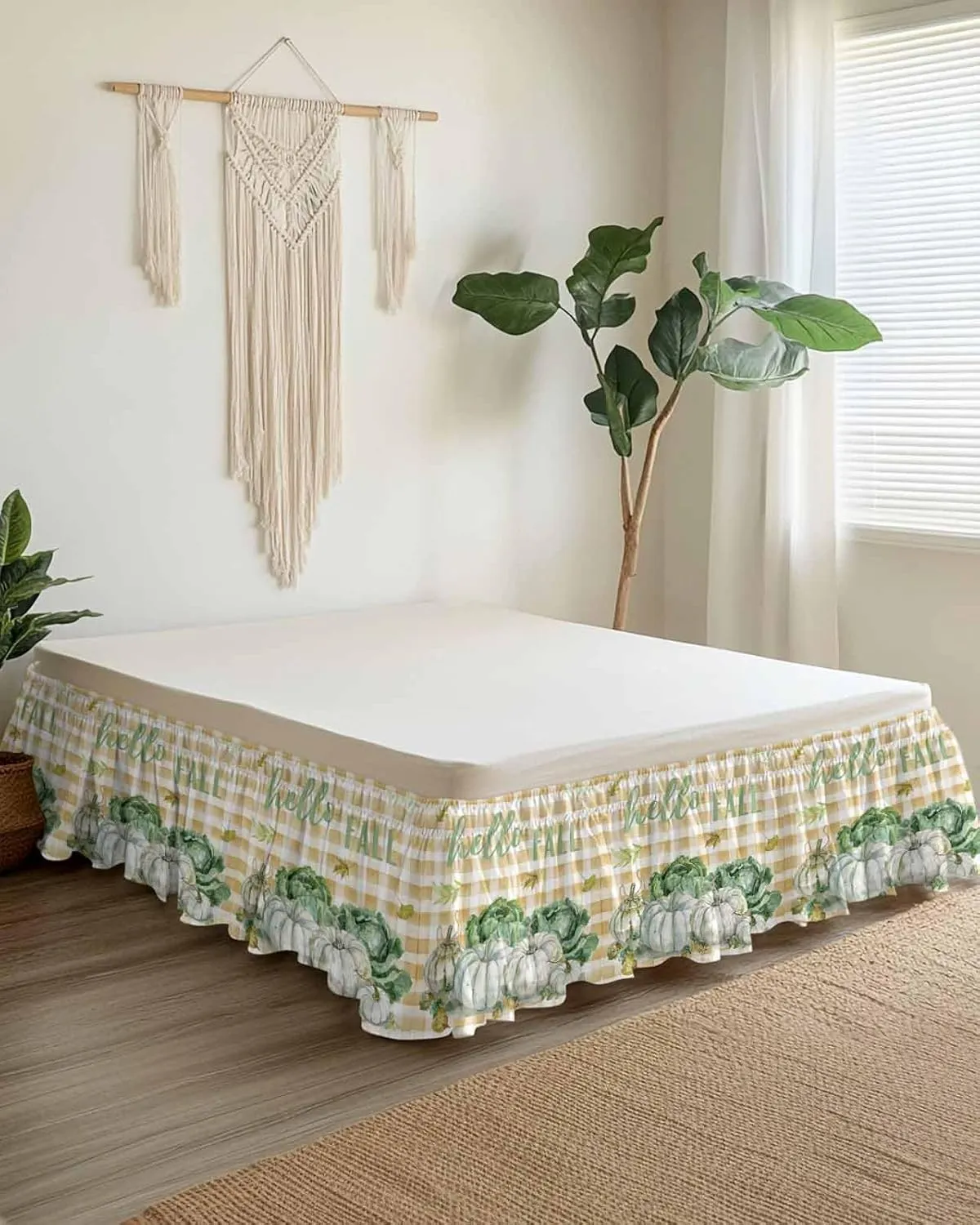 Ruffle Bed Skirts for California King Beds 18 Inch Drop Fall Thanksgiving Pumpkin Cabbage Leaves Plaid Adjustable Elastic Ruffled Wrap Around Bed Skirt Pleated Luxury Dust Ruffles