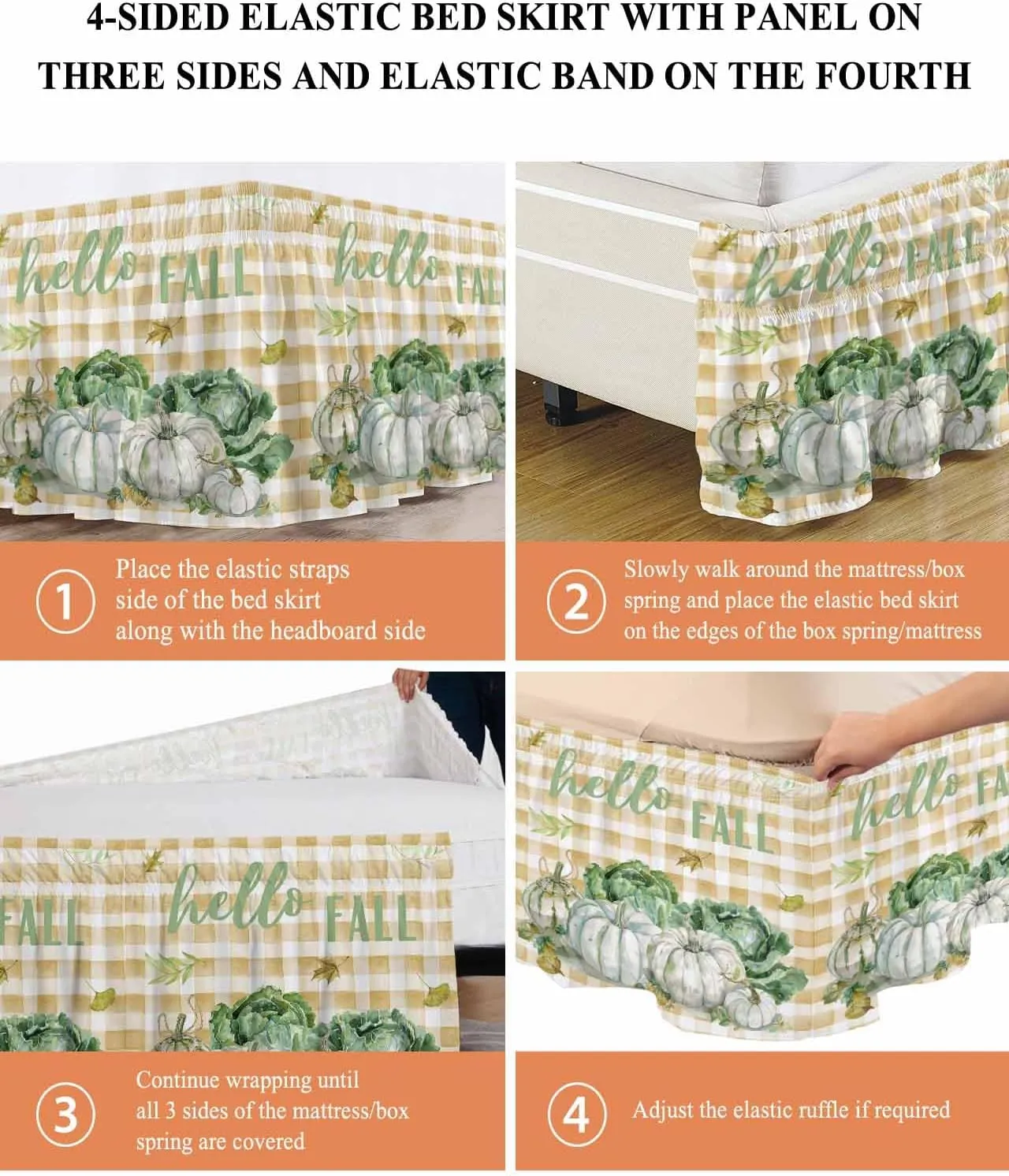 Ruffle Bed Skirts for California King Beds 18 Inch Drop Fall Thanksgiving Pumpkin Cabbage Leaves Plaid Adjustable Elastic Ruffled Wrap Around Bed Skirt Pleated Luxury Dust Ruffles