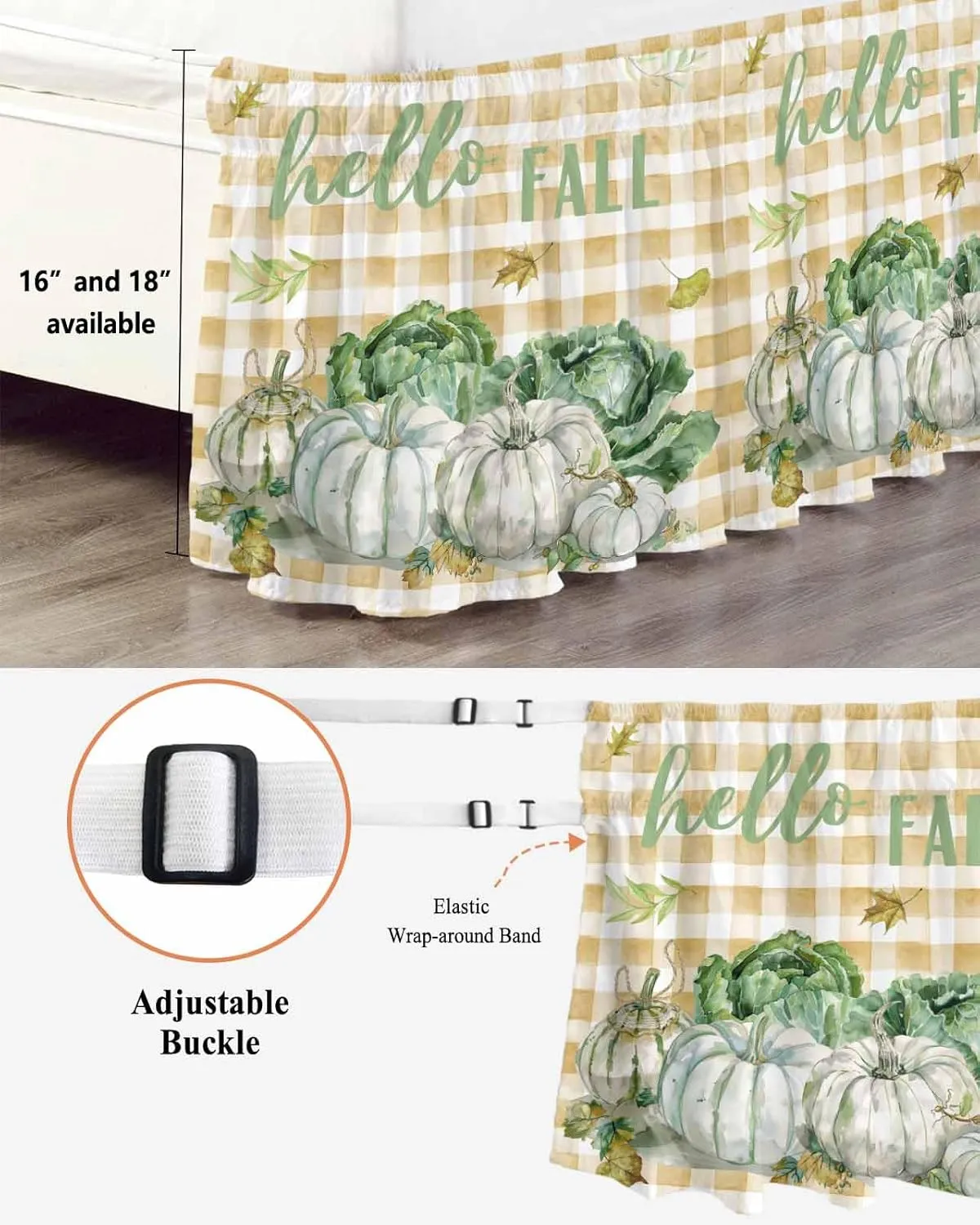 Ruffle Bed Skirts for California King Beds 18 Inch Drop Fall Thanksgiving Pumpkin Cabbage Leaves Plaid Adjustable Elastic Ruffled Wrap Around Bed Skirt Pleated Luxury Dust Ruffles