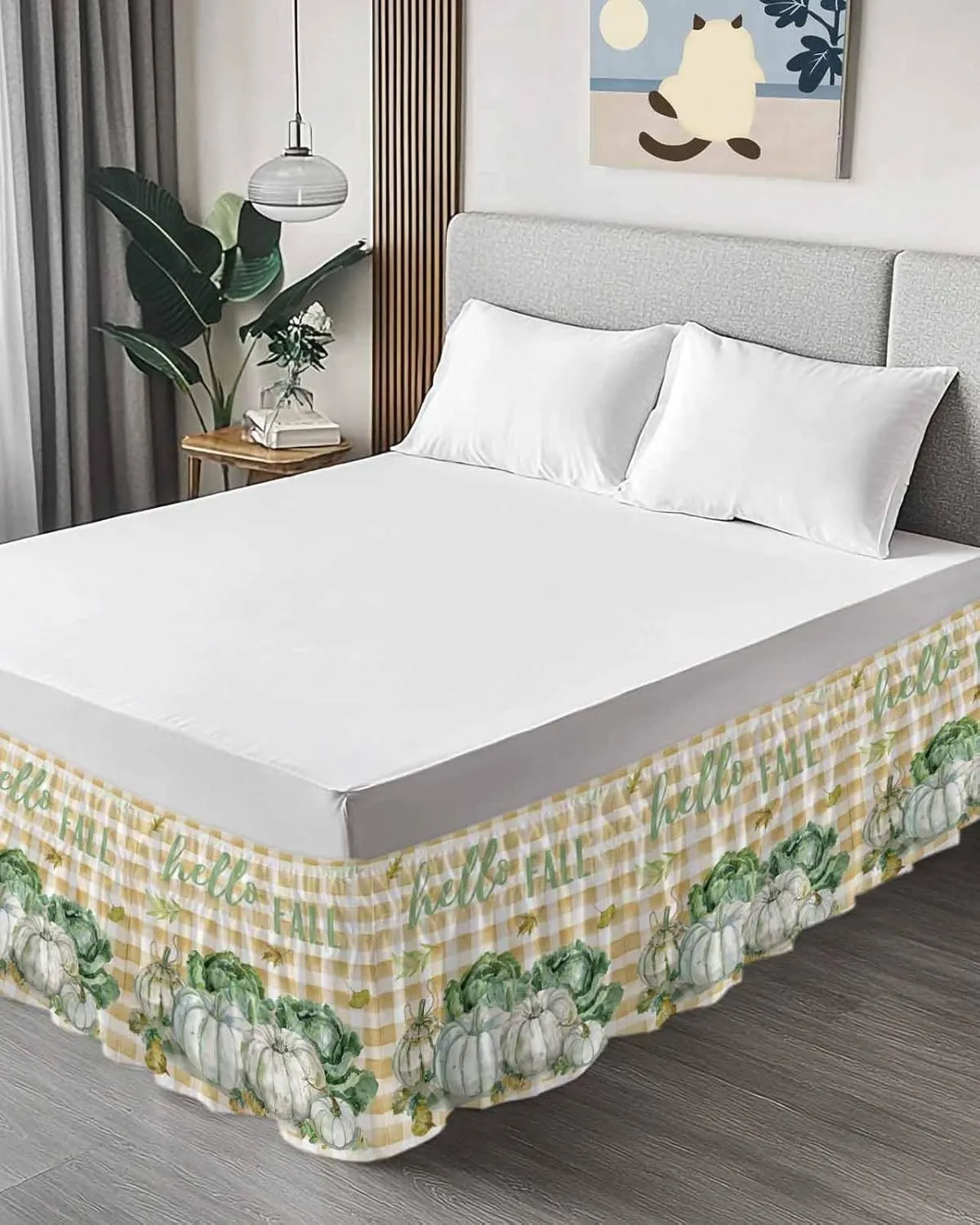 Ruffle Bed Skirts for California King Beds 18 Inch Drop Fall Thanksgiving Pumpkin Cabbage Leaves Plaid Adjustable Elastic Ruffled Wrap Around Bed Skirt Pleated Luxury Dust Ruffles
