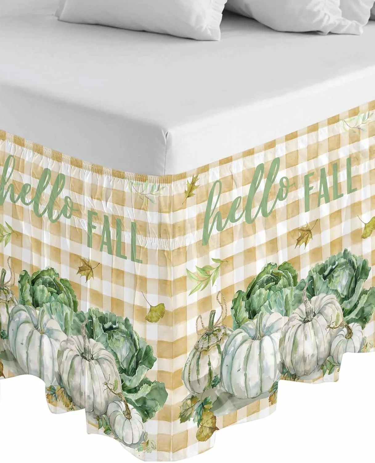 Ruffle Bed Skirts for California King Beds 18 Inch Drop Fall Thanksgiving Pumpkin Cabbage Leaves Plaid Adjustable Elastic Ruffled Wrap Around Bed Skirt Pleated Luxury Dust Ruffles