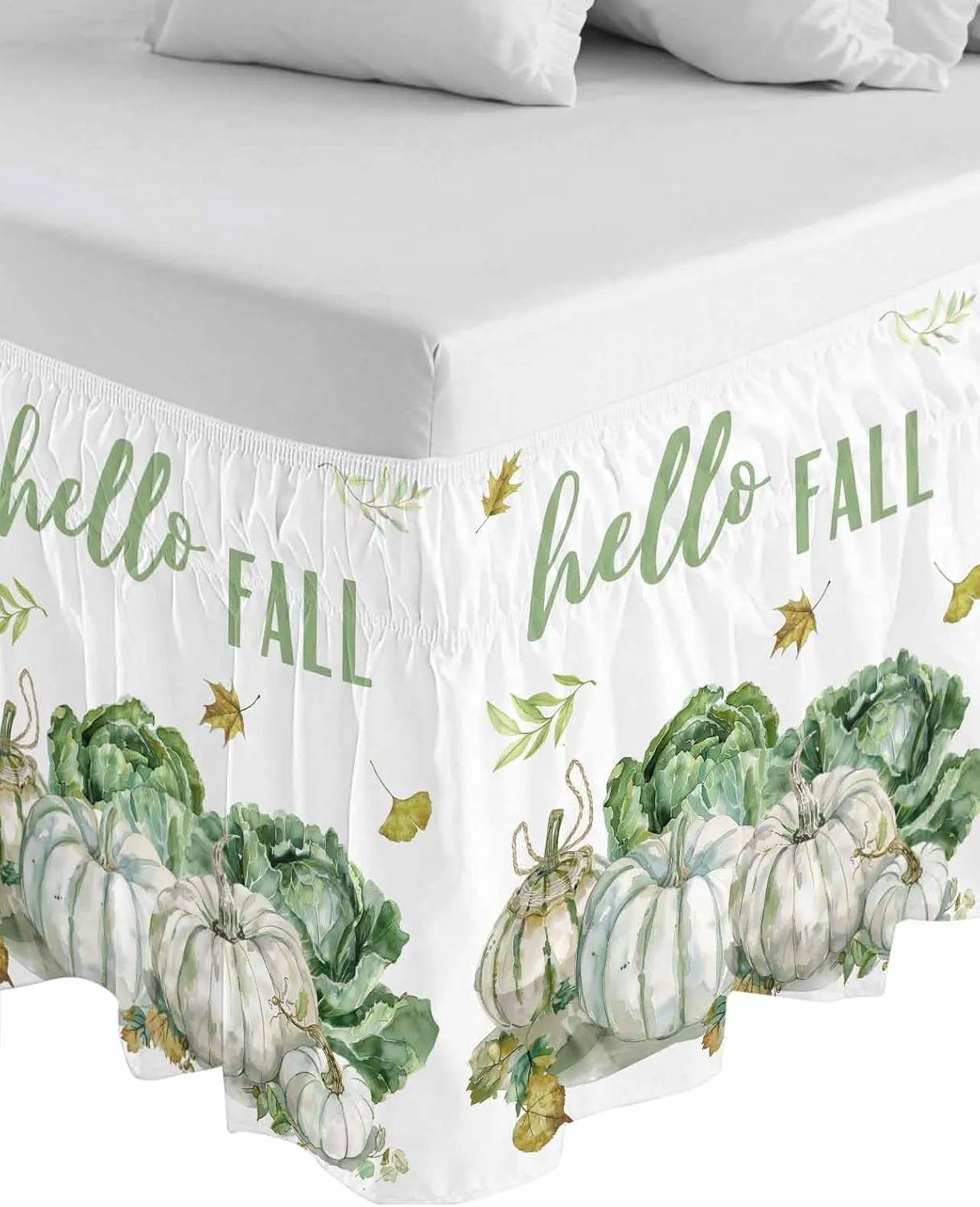 Ruffle Bed Skirts for King Beds 18 Inch Drop Fall Thanksgiving Pumpkin Cabbage Leaves Adjustable Elastic Ruffled Wrap Around Bed Skirt Pleated Luxury Dust Ruffles