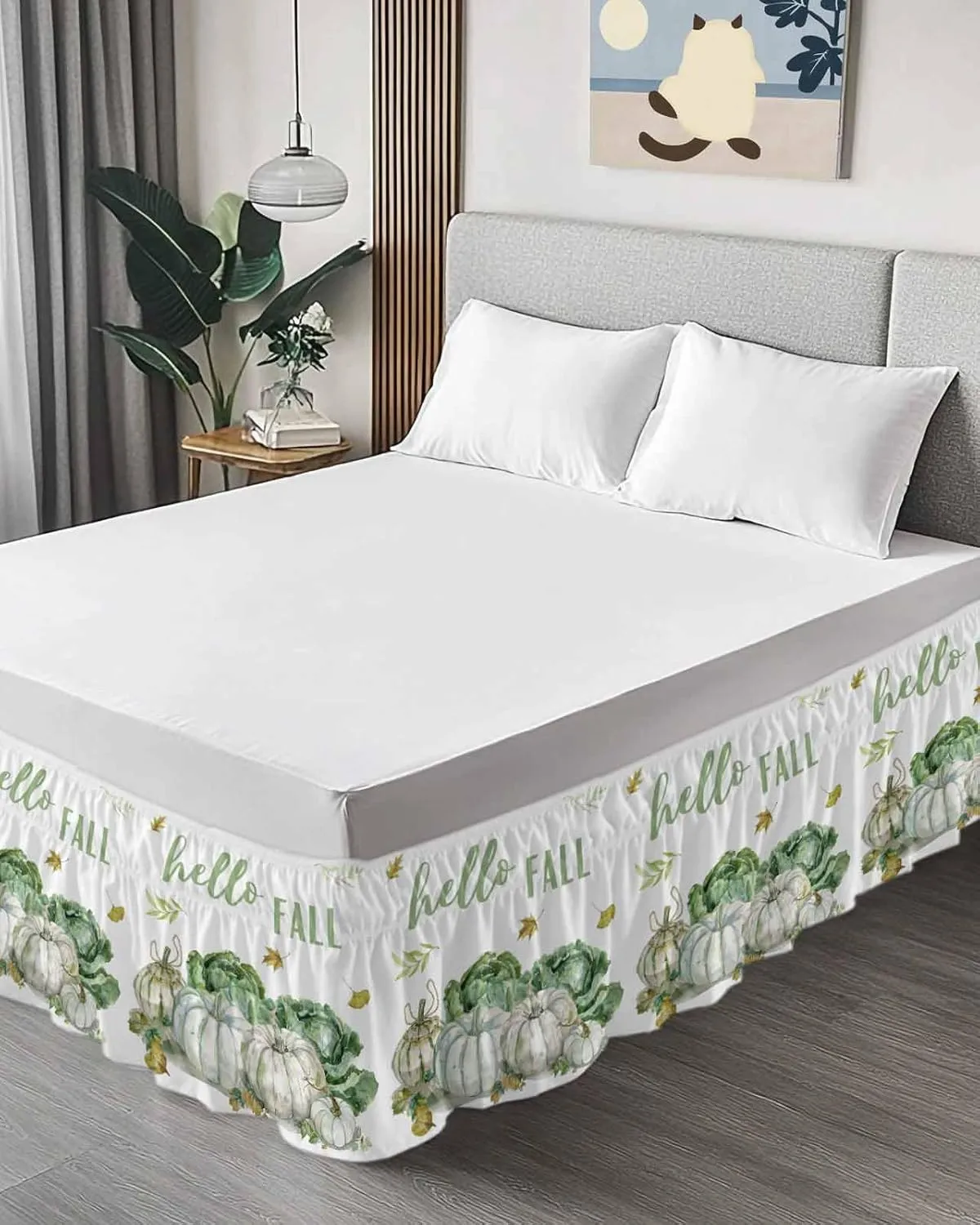 Ruffle Bed Skirts for King Beds 18 Inch Drop Fall Thanksgiving Pumpkin Cabbage Leaves Adjustable Elastic Ruffled Wrap Around Bed Skirt Pleated Luxury Dust Ruffles