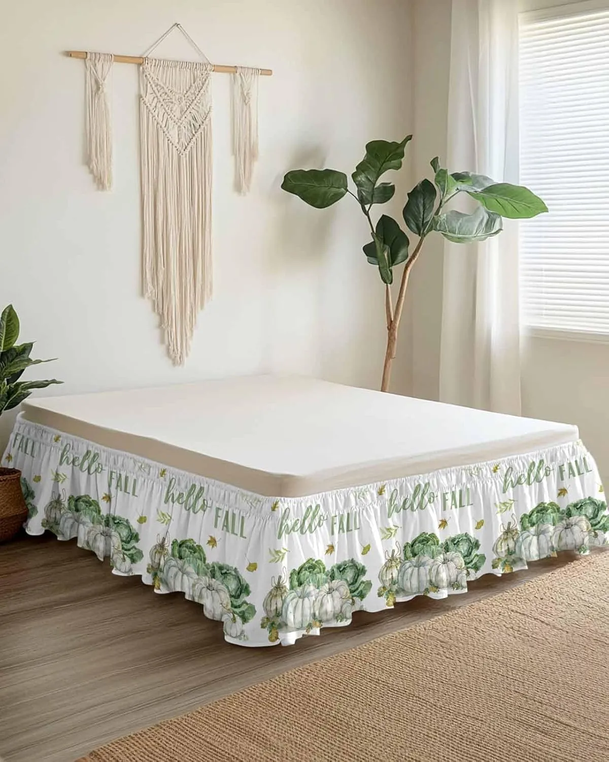 Ruffle Bed Skirts for King Beds 18 Inch Drop Fall Thanksgiving Pumpkin Cabbage Leaves Adjustable Elastic Ruffled Wrap Around Bed Skirt Pleated Luxury Dust Ruffles