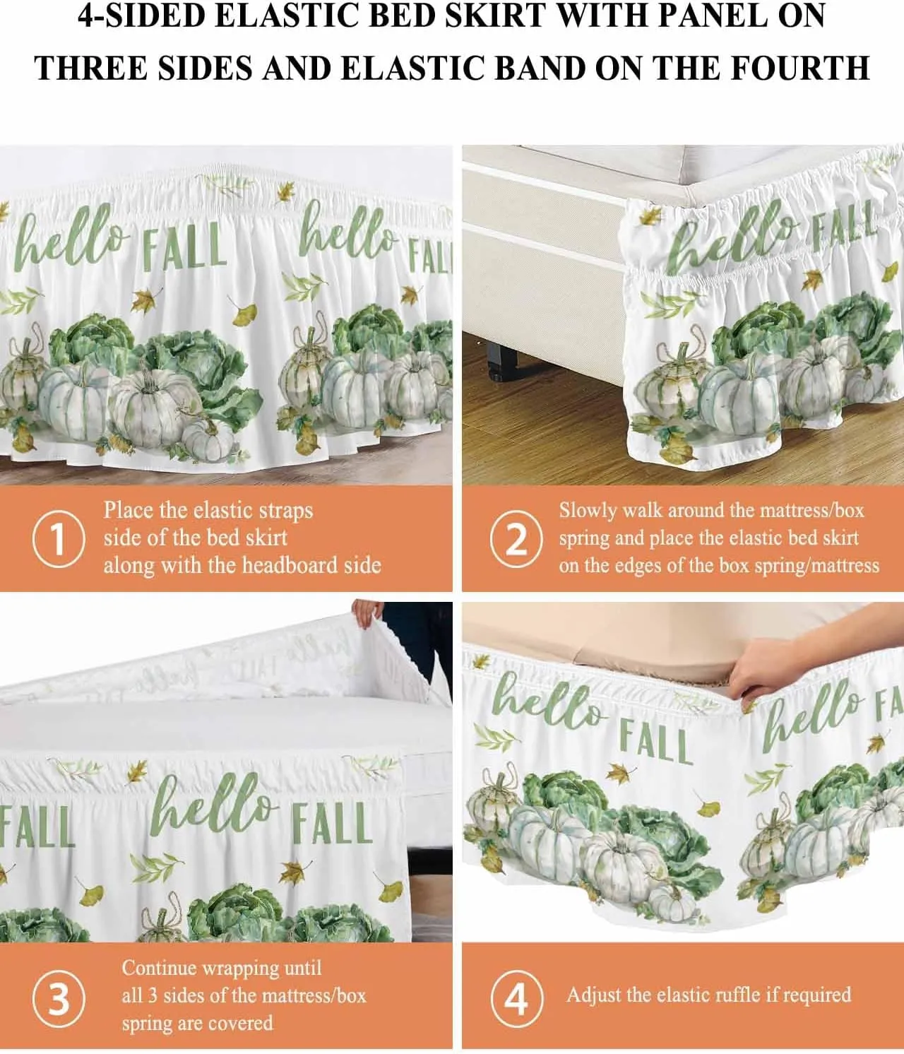 Ruffle Bed Skirts for King Beds 18 Inch Drop Fall Thanksgiving Pumpkin Cabbage Leaves Adjustable Elastic Ruffled Wrap Around Bed Skirt Pleated Luxury Dust Ruffles