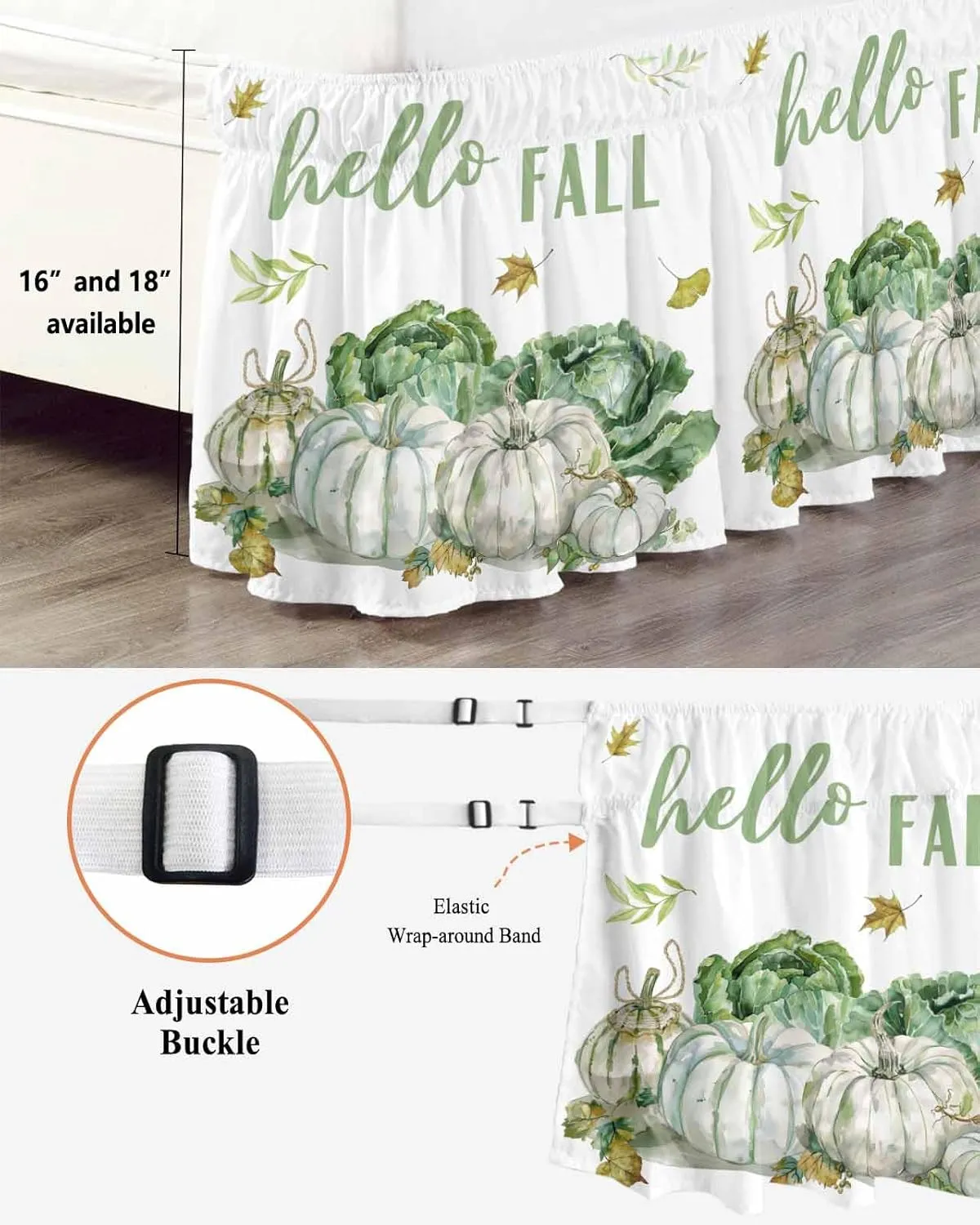 Ruffle Bed Skirts for King Beds 18 Inch Drop Fall Thanksgiving Pumpkin Cabbage Leaves Adjustable Elastic Ruffled Wrap Around Bed Skirt Pleated Luxury Dust Ruffles