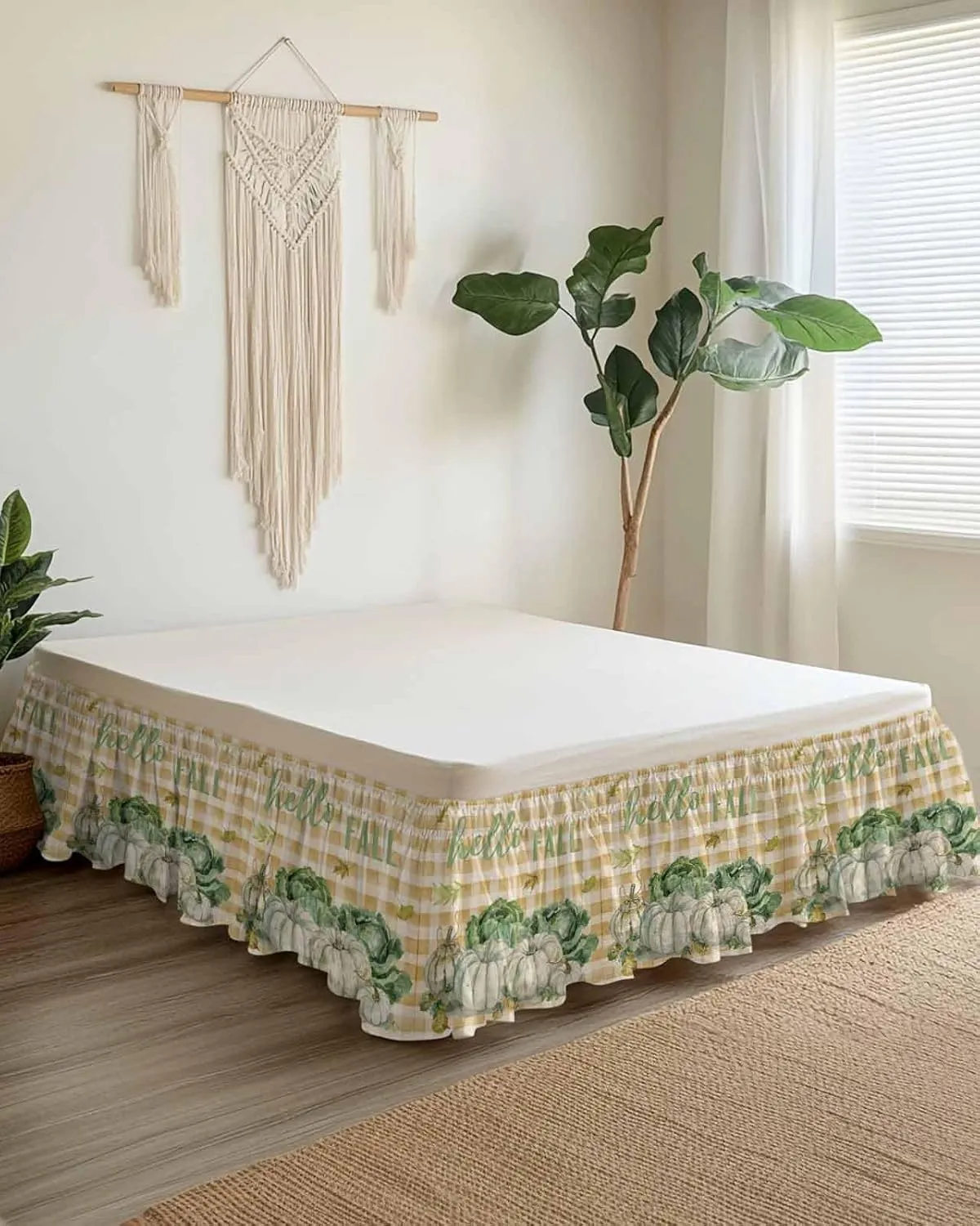 Ruffle Bed Skirts for King Beds 18 Inch Drop Fall Thanksgiving Pumpkin Cabbage Leaves Plaid Linen Adjustable Elastic Ruffled Wrap Around Bed Skirt Pleated Luxury Dust Ruffles