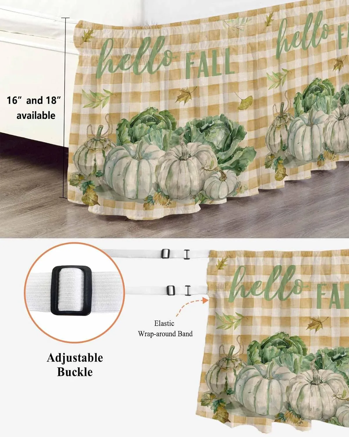 Ruffle Bed Skirts for King Beds 18 Inch Drop Fall Thanksgiving Pumpkin Cabbage Leaves Plaid Linen Adjustable Elastic Ruffled Wrap Around Bed Skirt Pleated Luxury Dust Ruffles