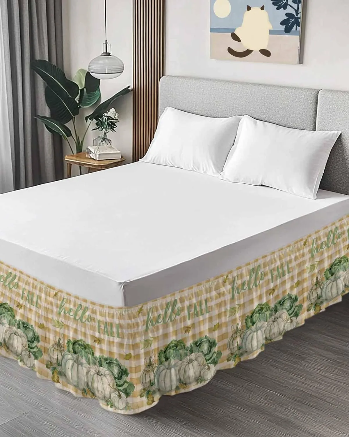 Ruffle Bed Skirts for King Beds 18 Inch Drop Fall Thanksgiving Pumpkin Cabbage Leaves Plaid Linen Adjustable Elastic Ruffled Wrap Around Bed Skirt Pleated Luxury Dust Ruffles