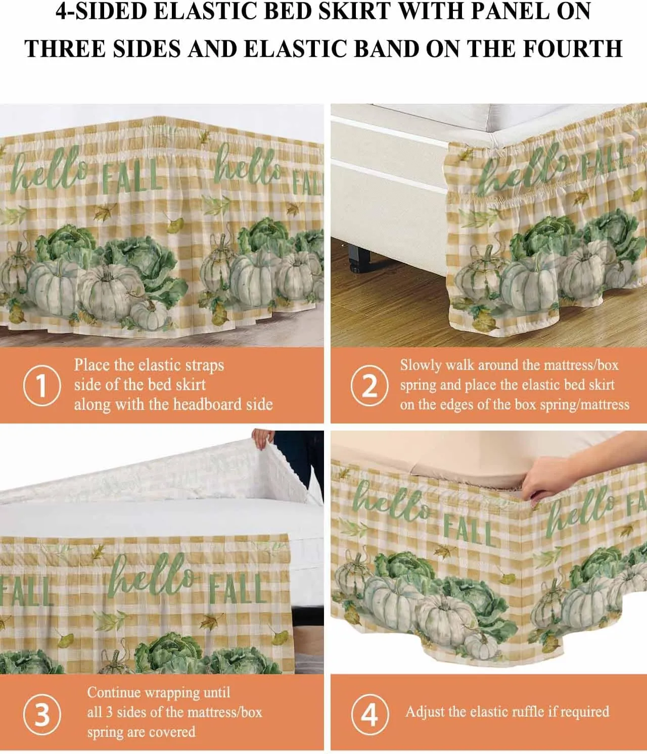 Ruffle Bed Skirts for King Beds 18 Inch Drop Fall Thanksgiving Pumpkin Cabbage Leaves Plaid Linen Adjustable Elastic Ruffled Wrap Around Bed Skirt Pleated Luxury Dust Ruffles