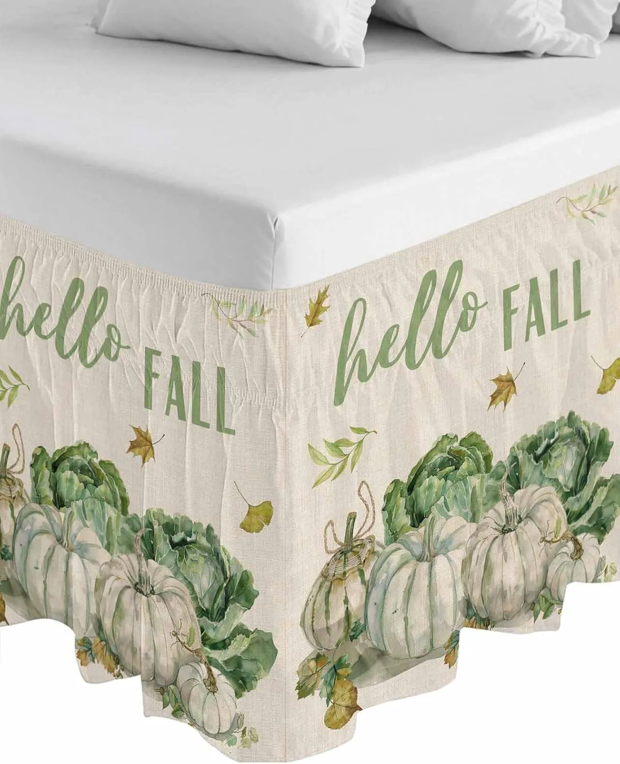 Ruffle Bed Skirts for Queen Beds 18 Inch Drop Fall Thanksgiving Pumpkin Cabbage Leaves Linen Adjustable Elastic Ruffled Wrap Around Bed Skirt Pleated Luxury Dust Ruffles