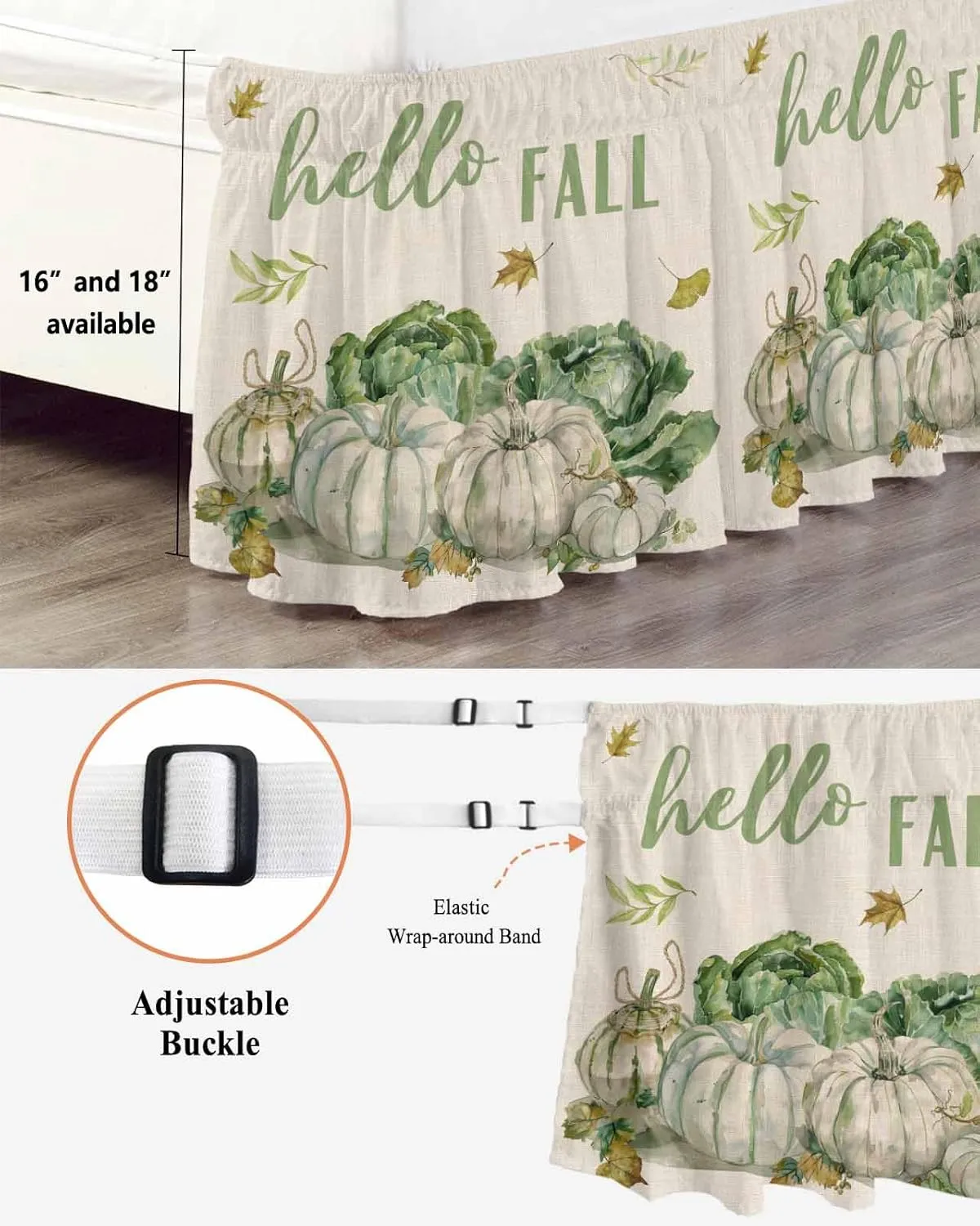 Ruffle Bed Skirts for Queen Beds 18 Inch Drop Fall Thanksgiving Pumpkin Cabbage Leaves Linen Adjustable Elastic Ruffled Wrap Around Bed Skirt Pleated Luxury Dust Ruffles