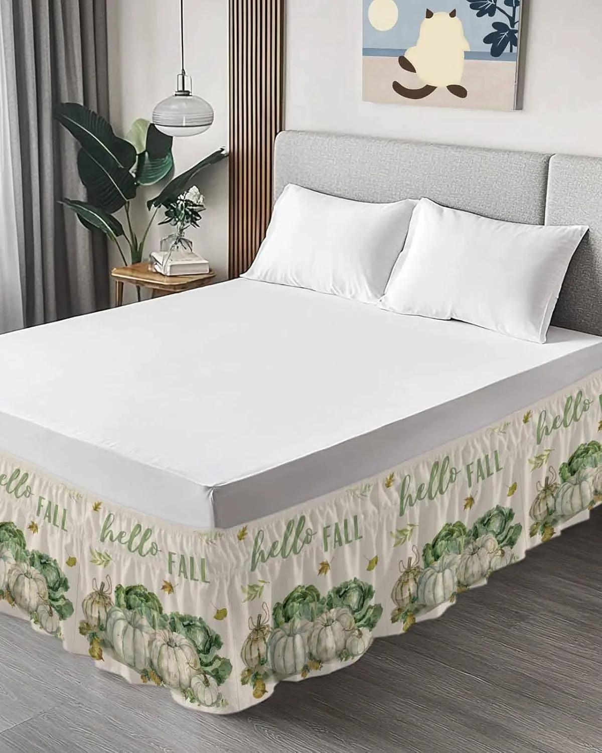 Ruffle Bed Skirts for Queen Beds 18 Inch Drop Fall Thanksgiving Pumpkin Cabbage Leaves Linen Adjustable Elastic Ruffled Wrap Around Bed Skirt Pleated Luxury Dust Ruffles