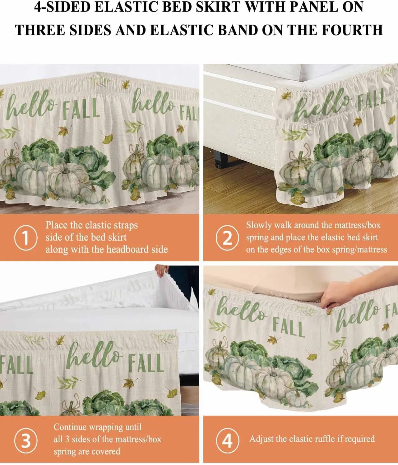 Ruffle Bed Skirts for Queen Beds 18 Inch Drop Fall Thanksgiving Pumpkin Cabbage Leaves Linen Adjustable Elastic Ruffled Wrap Around Bed Skirt Pleated Luxury Dust Ruffles